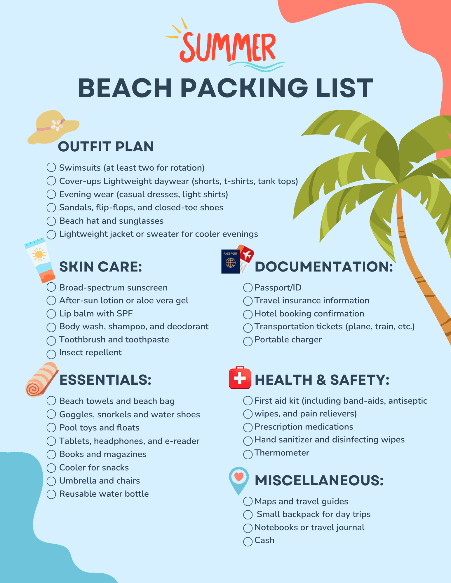 Colorful summer beach packing checklist poster with sections for outfit, skin care, essentials, documentation, health & safety, and miscellaneous.