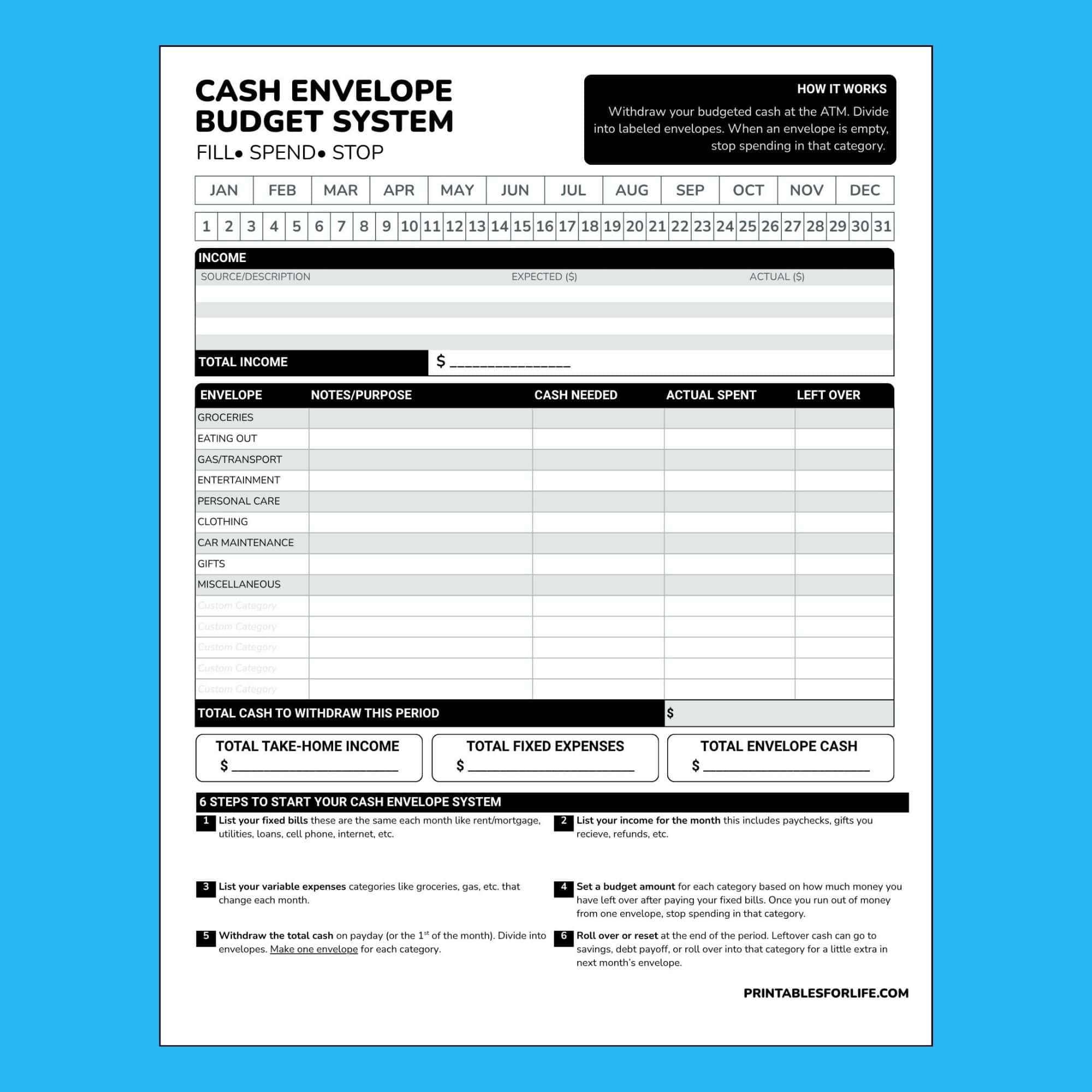 Single-page black-and-white cash envelope budget worksheet with calendar, income fields, labeled envelope categories and instructions.