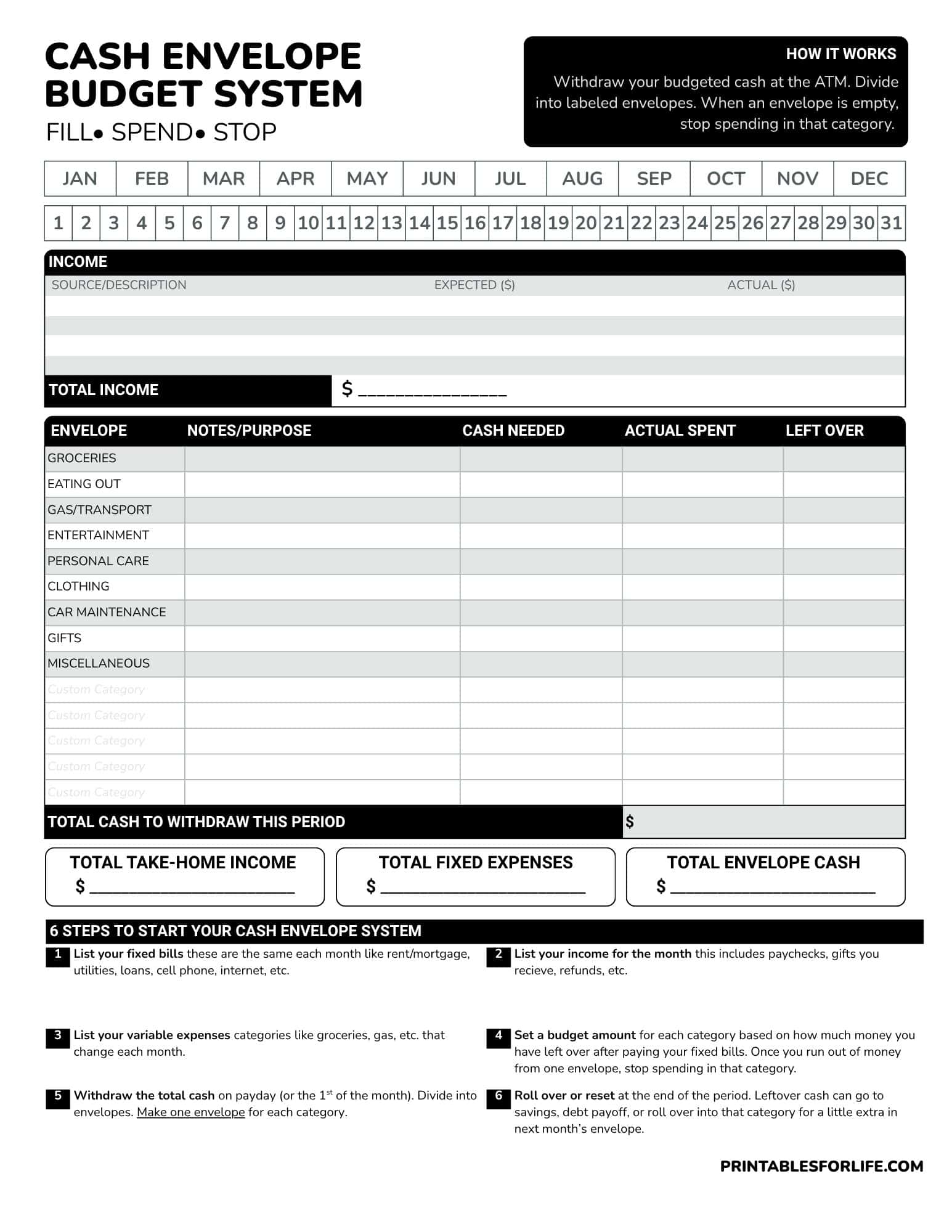 Black-and-white cash envelope budgeting worksheet with monthly calendar, income area, envelope categories, and step-by-step instructions.