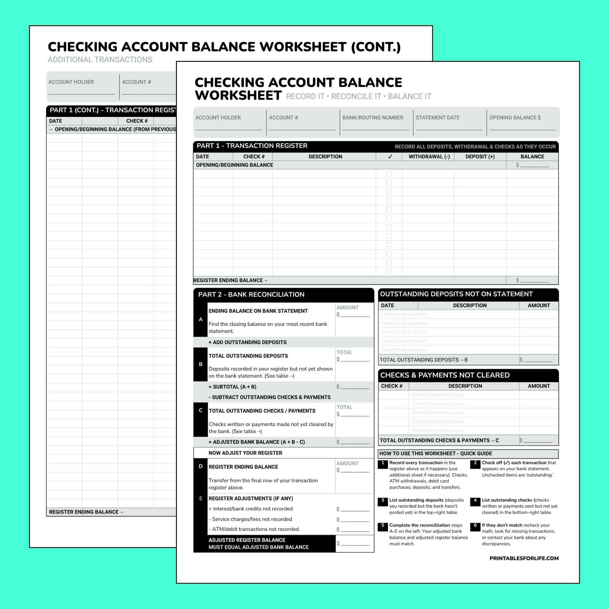 Two-page black-and-white checking account balance worksheet with transaction register, bank reconciliation sections, and blank lines for dates, checks, amounts.