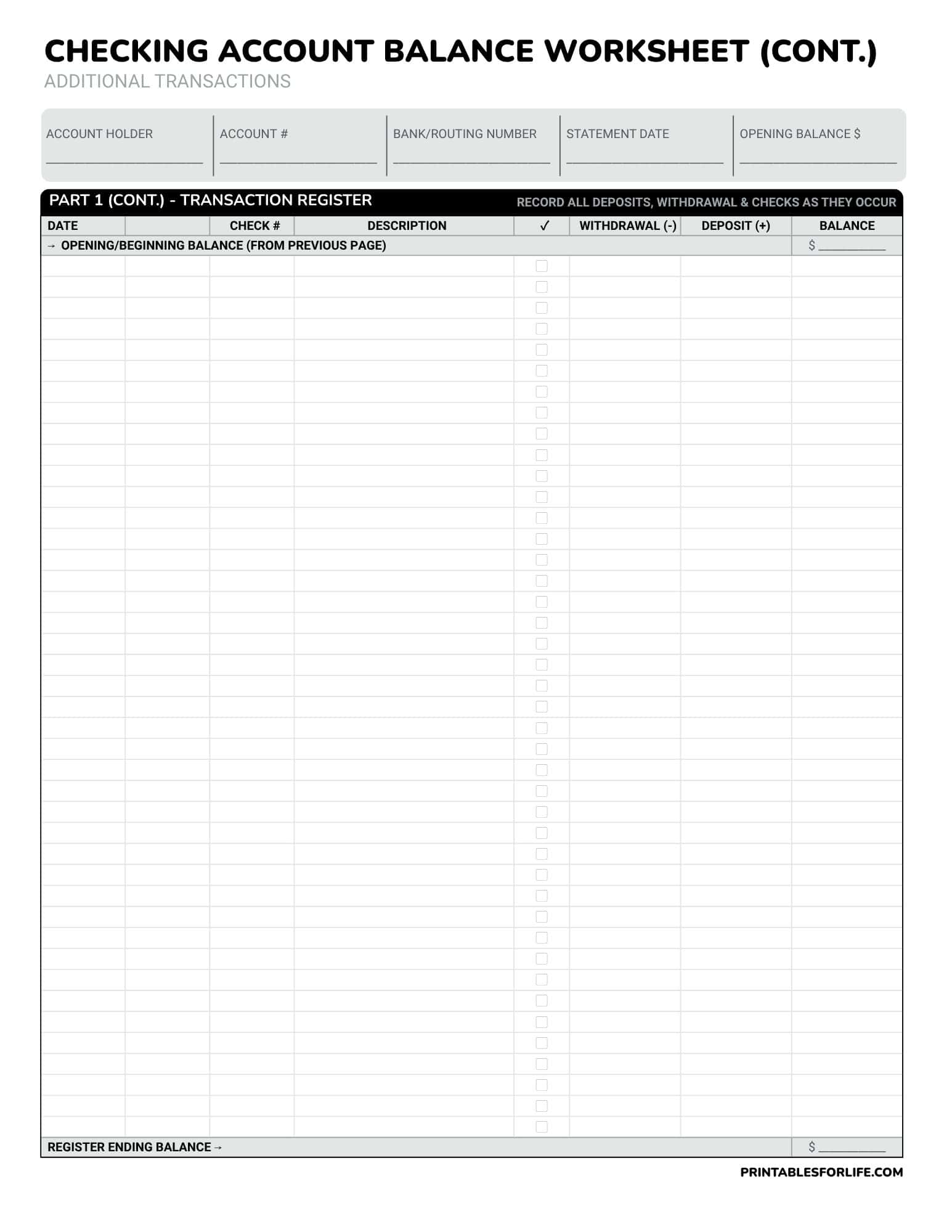 Blank checking account balance worksheet with header fields and a long transaction register table for dates, checks, descriptions, withdrawals, deposits, and balances.