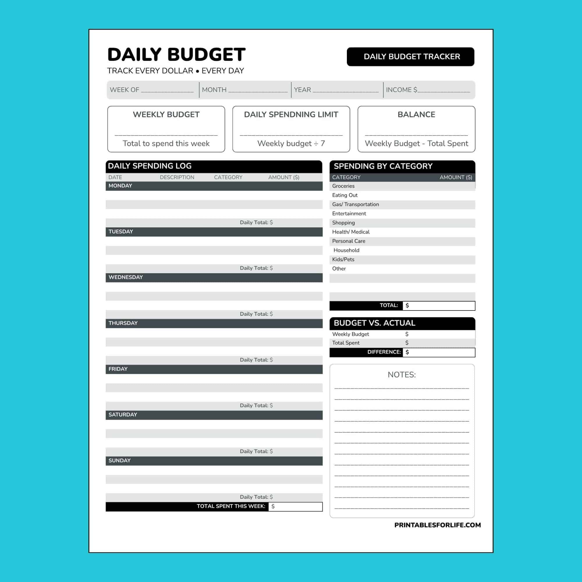 Weekly daily budget tracker sheet with sections for weekly income, daily spending log by weekday, categories, and totals.