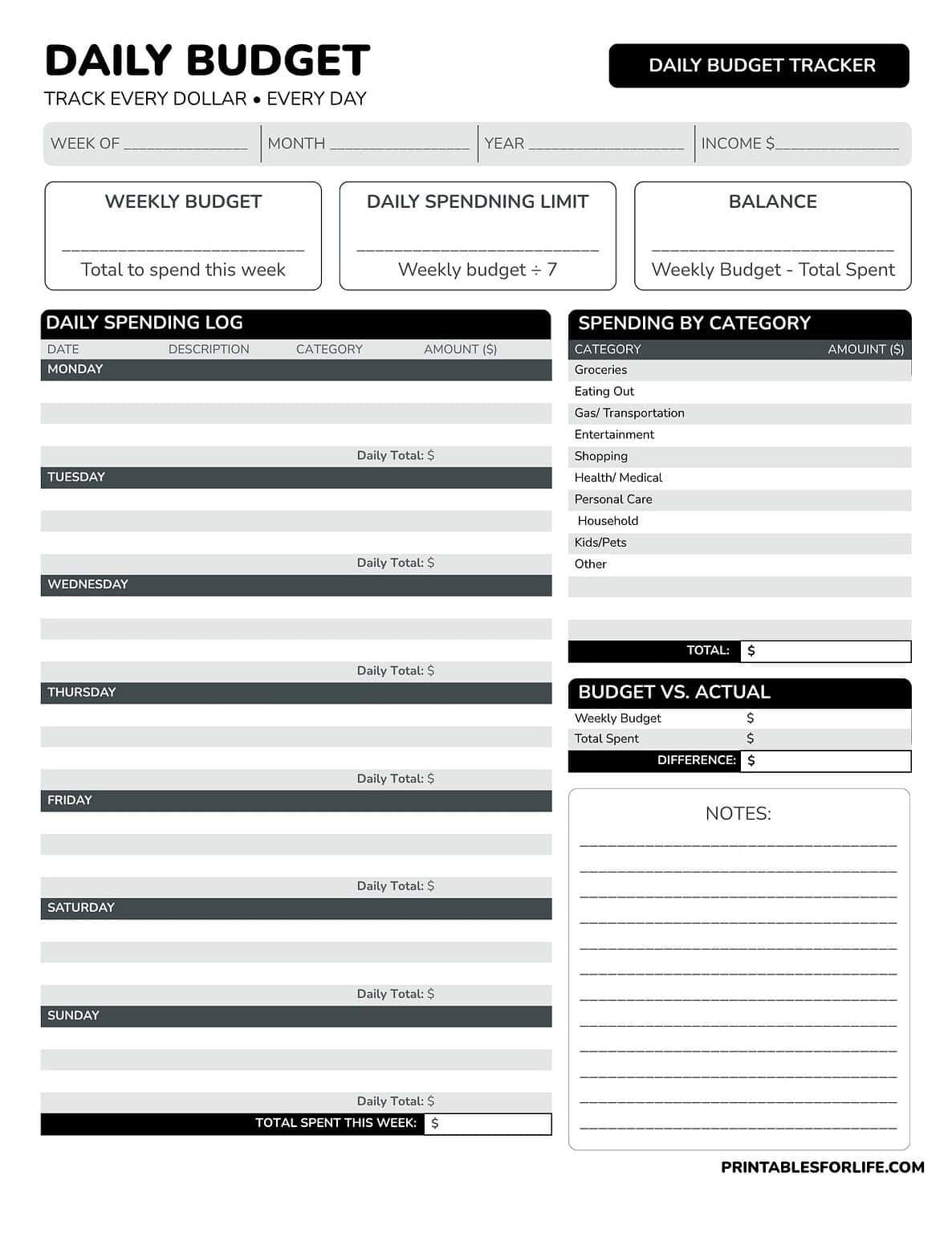 Daily Budget Template Printable | One Page Weekly Budget Tracker
