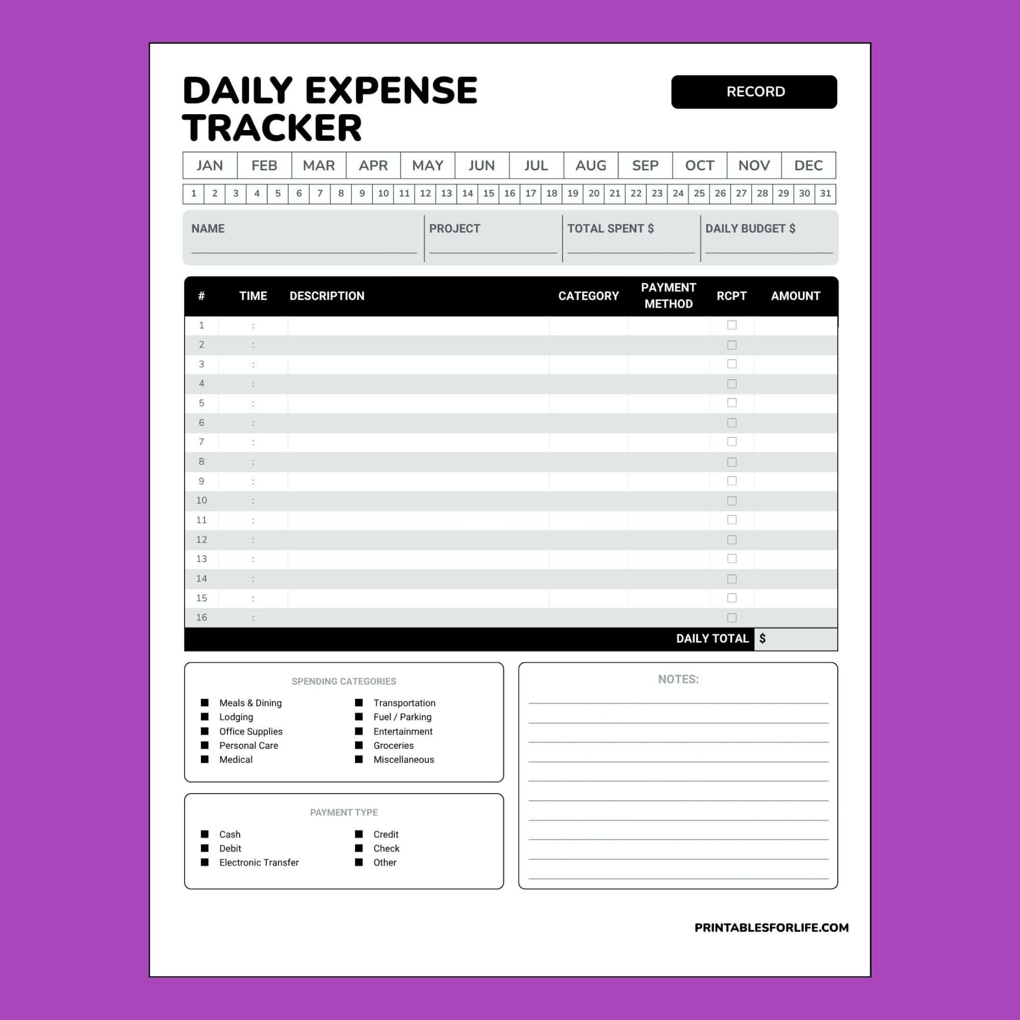 Printable daily expense tracker form with month and day selectors, lined expense entries, and category checkboxes.