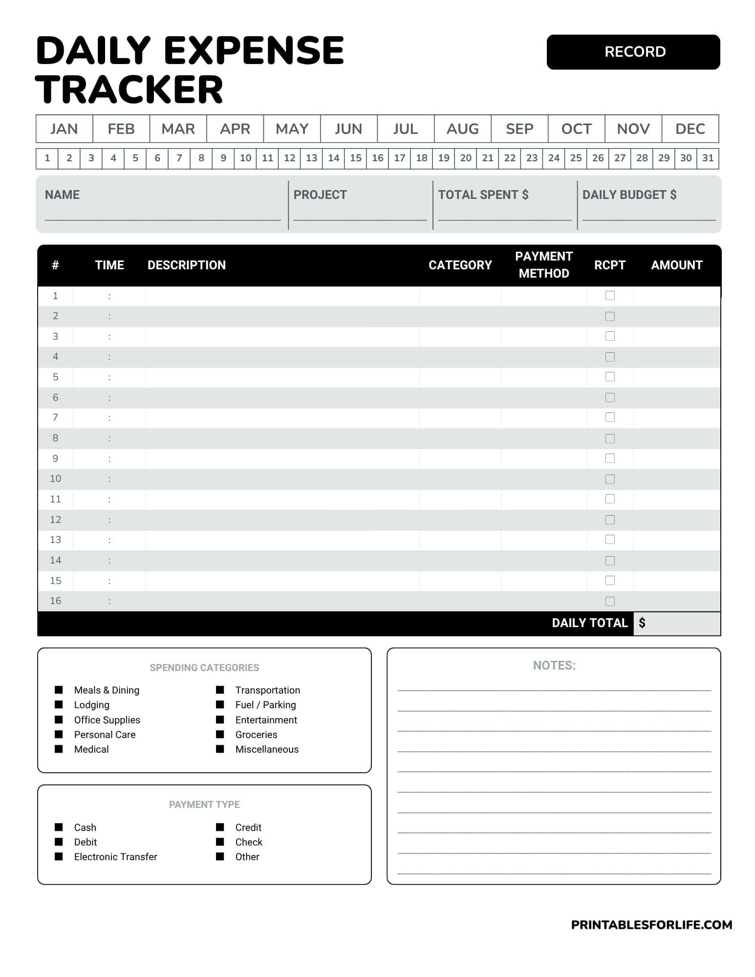 Single-page black-and-white daily expense tracker with calendar, 31 numbered rows, category checkboxes, and notes area.