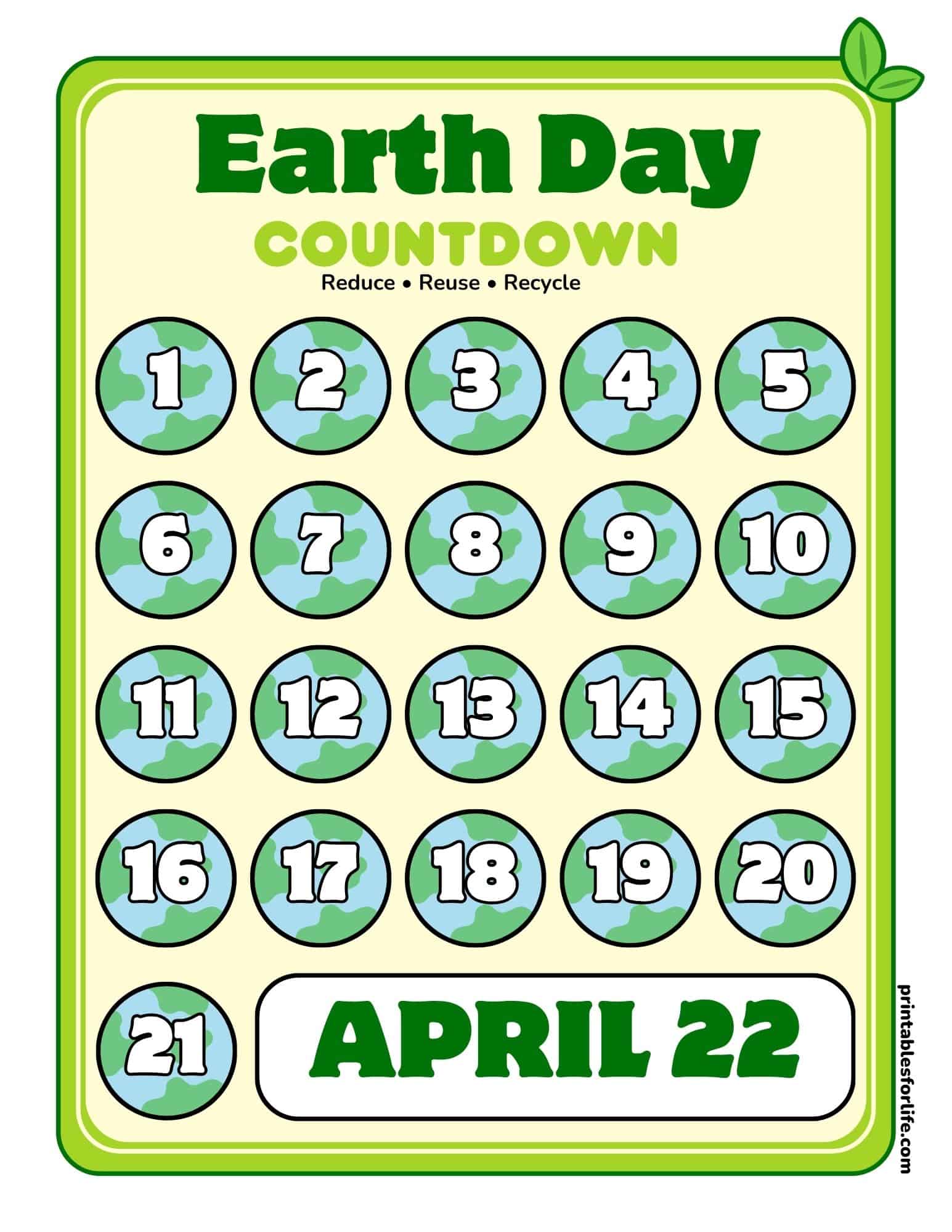 Earth Day countdown chart with numbered globe circles 1–21 and a prominent 'April 22' label at the bottom.
