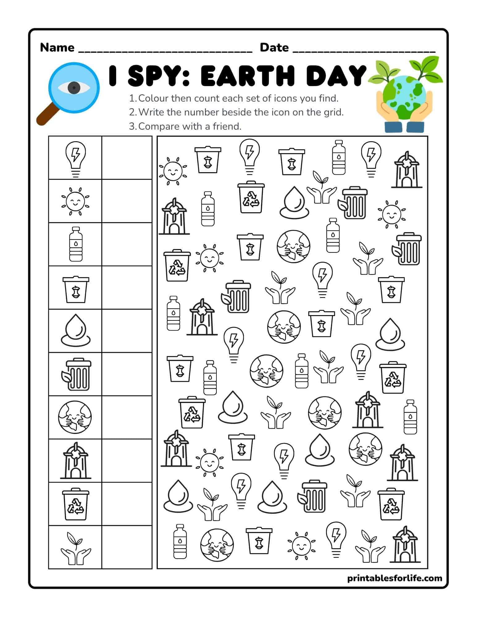 Black-and-white Earth Day I Spy worksheet with a grid of small eco-themed icons (recycle bin, sun, bottle, water droplet, lightbulb, hands with plant, globe, trash can, windmill) to count and write numbers.