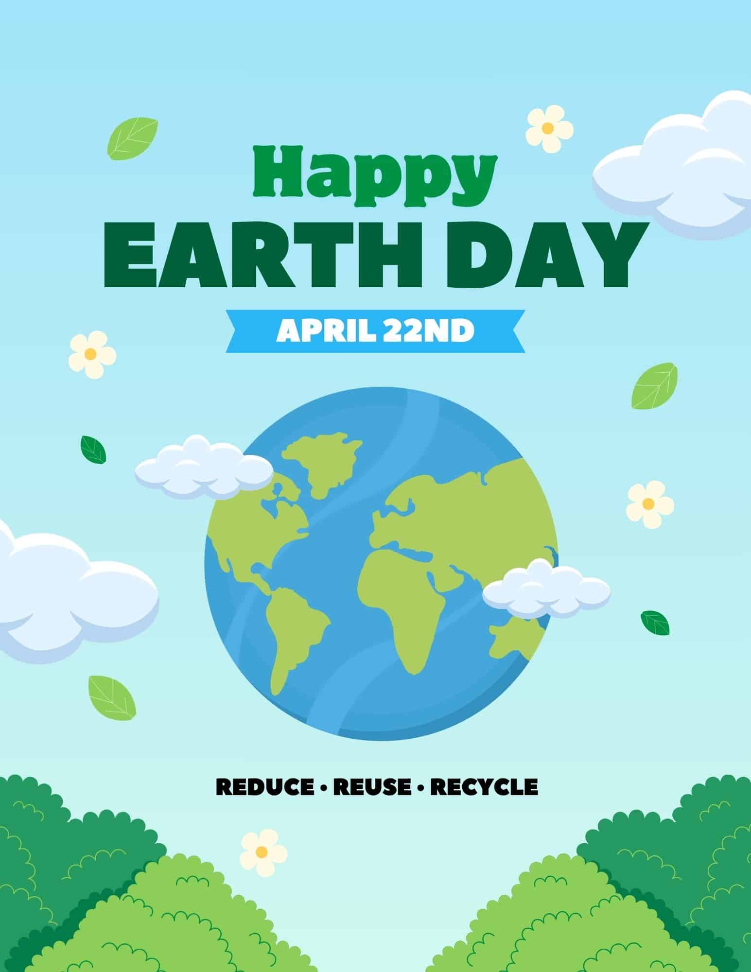 Bright vertical Earth Day poster with globe at center, bold “Happy Earth Day” header, clouds, leaves, and green shrubs.
