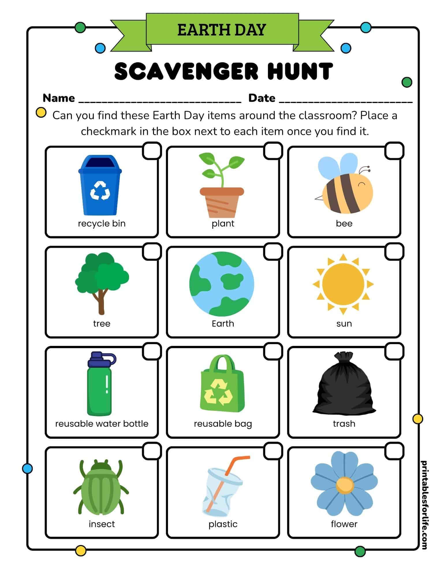 Colorful Earth Day scavenger hunt worksheet with twelve labeled icons (recycle bin, plant, bee, tree, Earth, sun, water bottle, reusable bag, trash, insect, plastic, flower) and checkboxes.