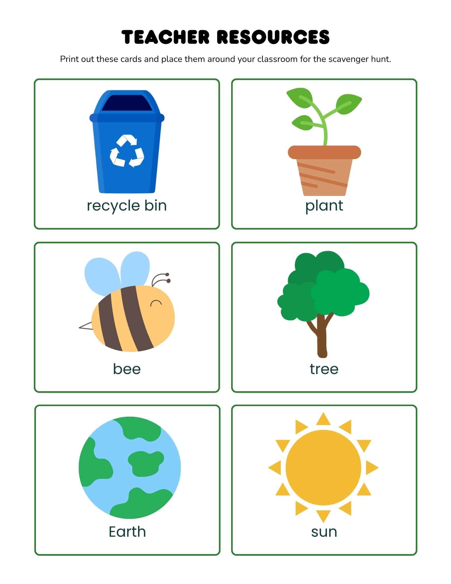 Six labeled classroom cards showing colorful eco-themed icons: recycle bin, plant, bee, tree, Earth, and sun arranged in two columns.
