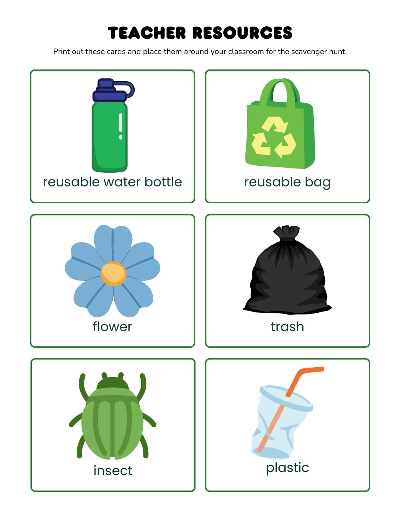 Six classroom scavenger-hunt cards arranged in a 2x3 grid showing icons labeled reusable water bottle, reusable bag, flower, trash, insect, and plastic.