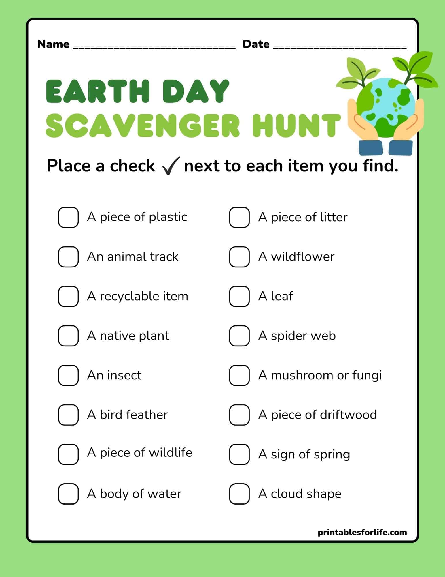 Earth Day scavenger hunt checklist with two columns of boxed items and a green decorative header showing hands holding a globe.