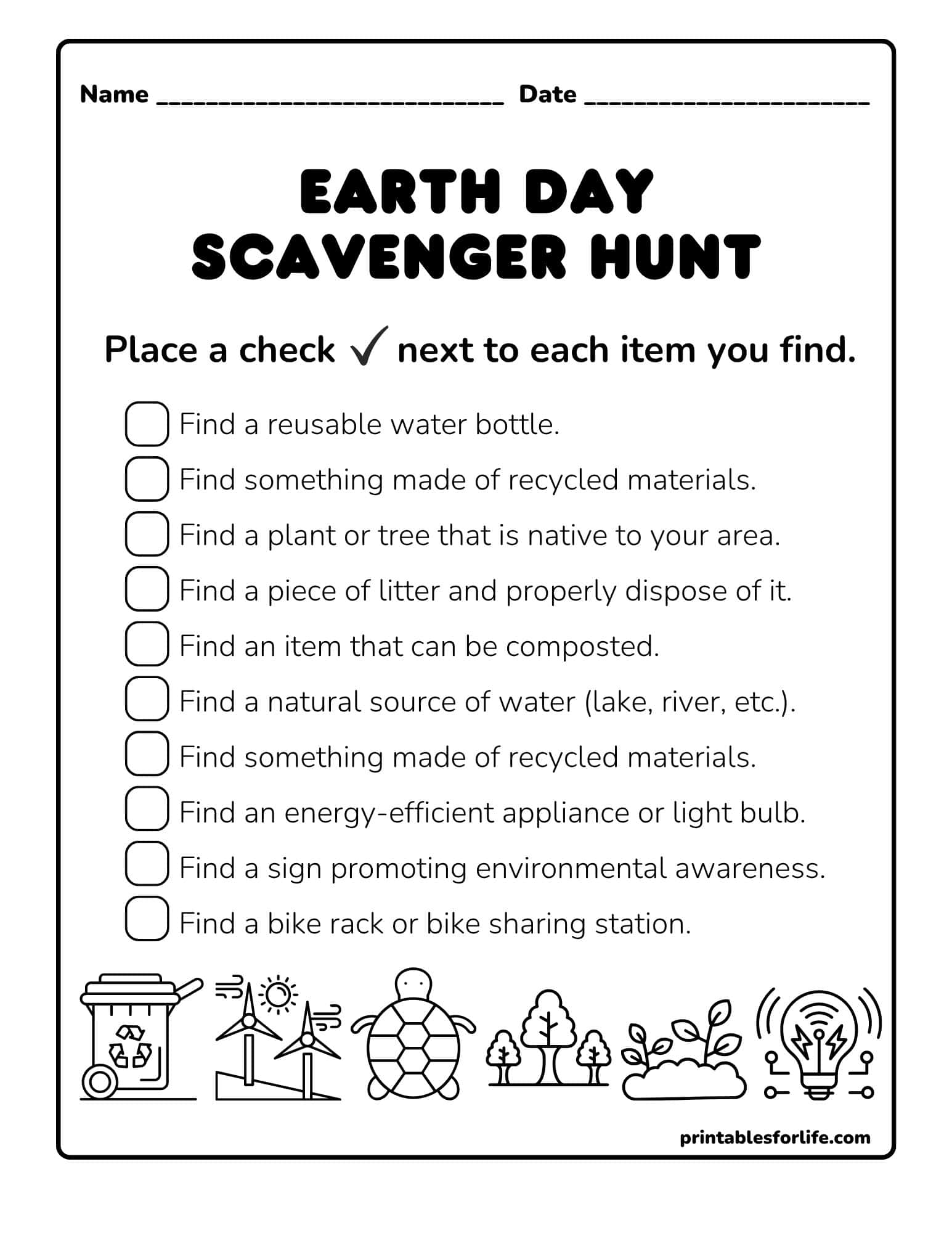 Black-and-white Earth Day scavenger hunt worksheet with checkboxes and a decorative row of eco icons at the bottom.