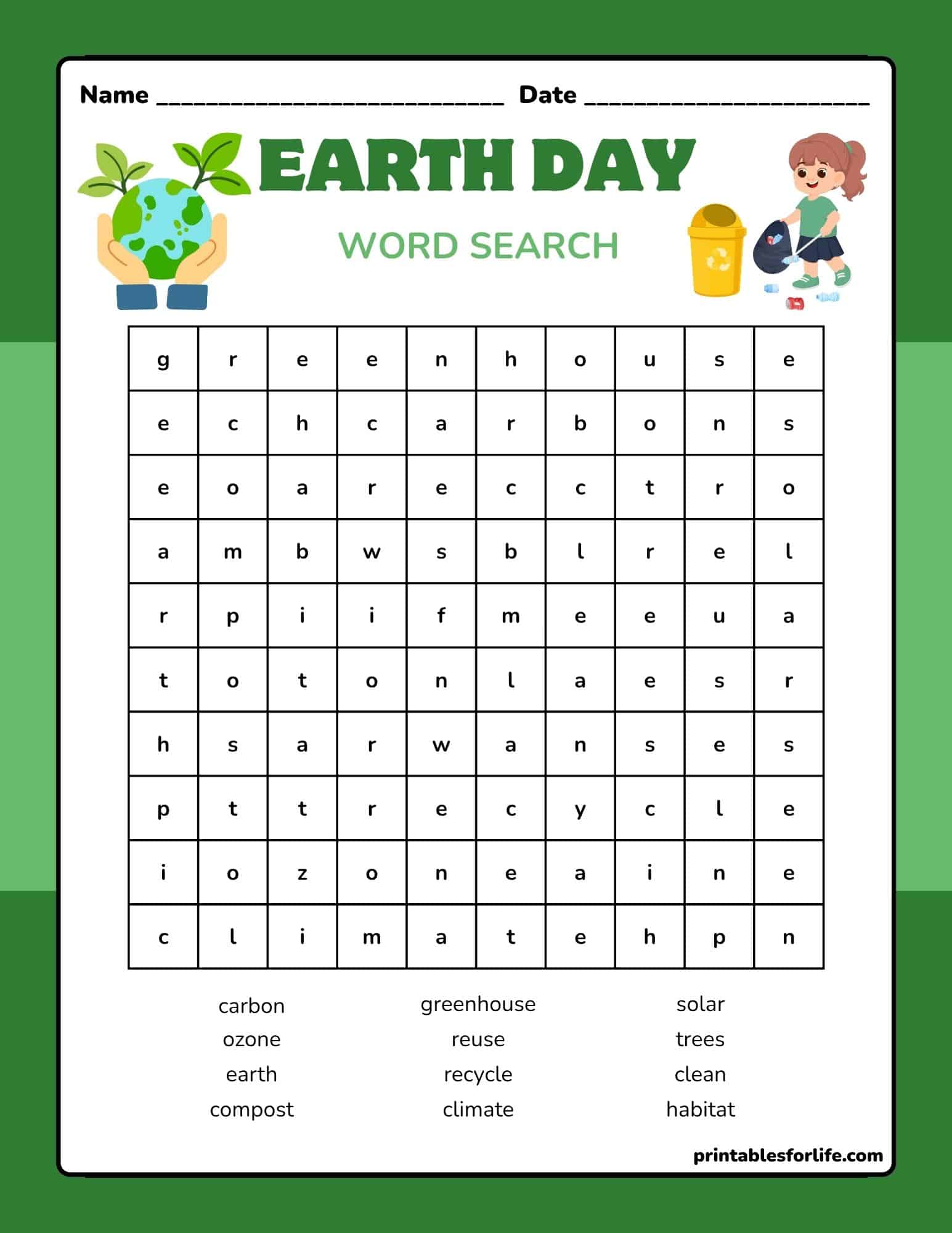 Earth Day word search worksheet with a 10x10 letter grid, title, and a list of 12 environmental words at the bottom.