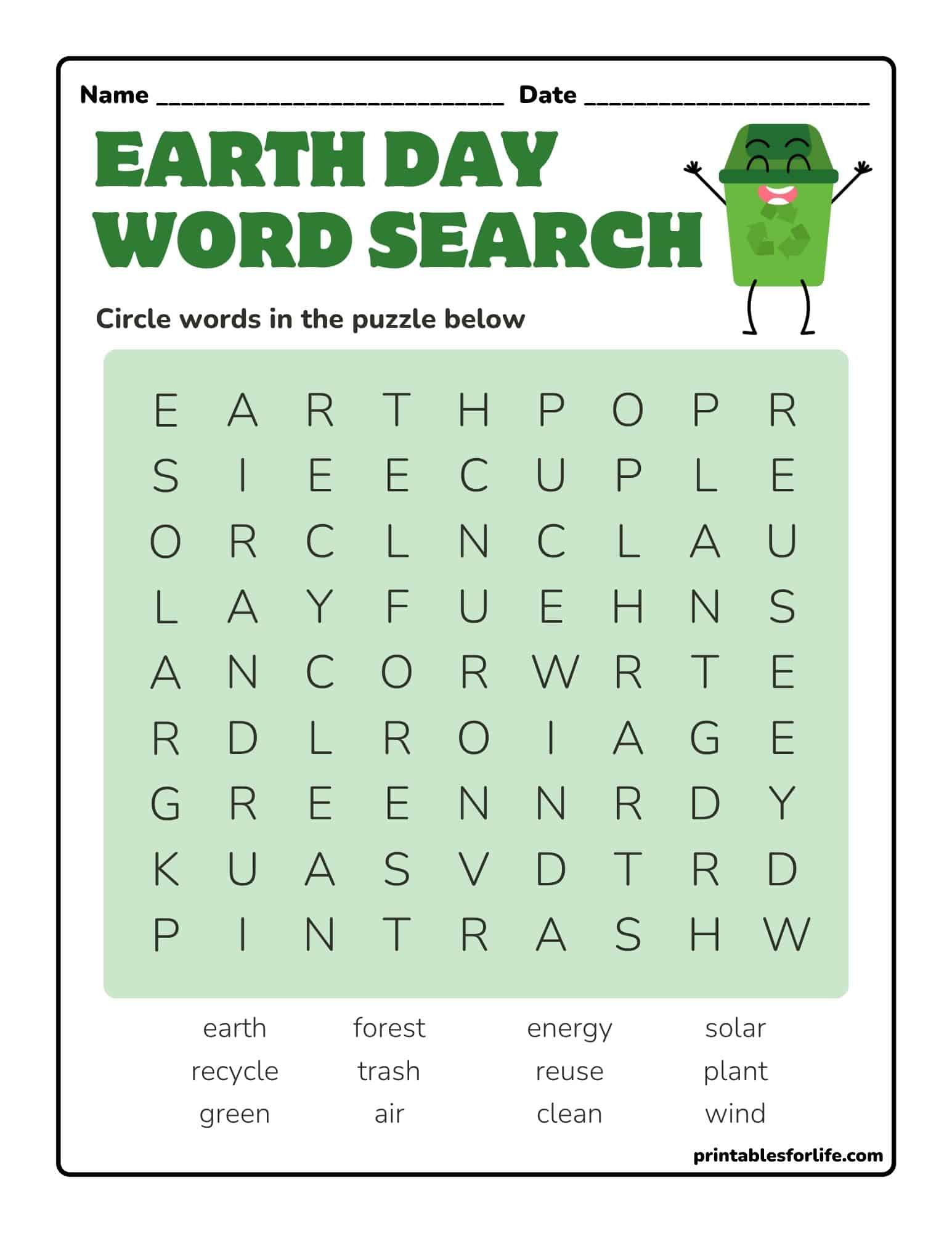 Child-friendly Earth Day word search worksheet with a 9x9 letter grid and a list of environmental words to find.