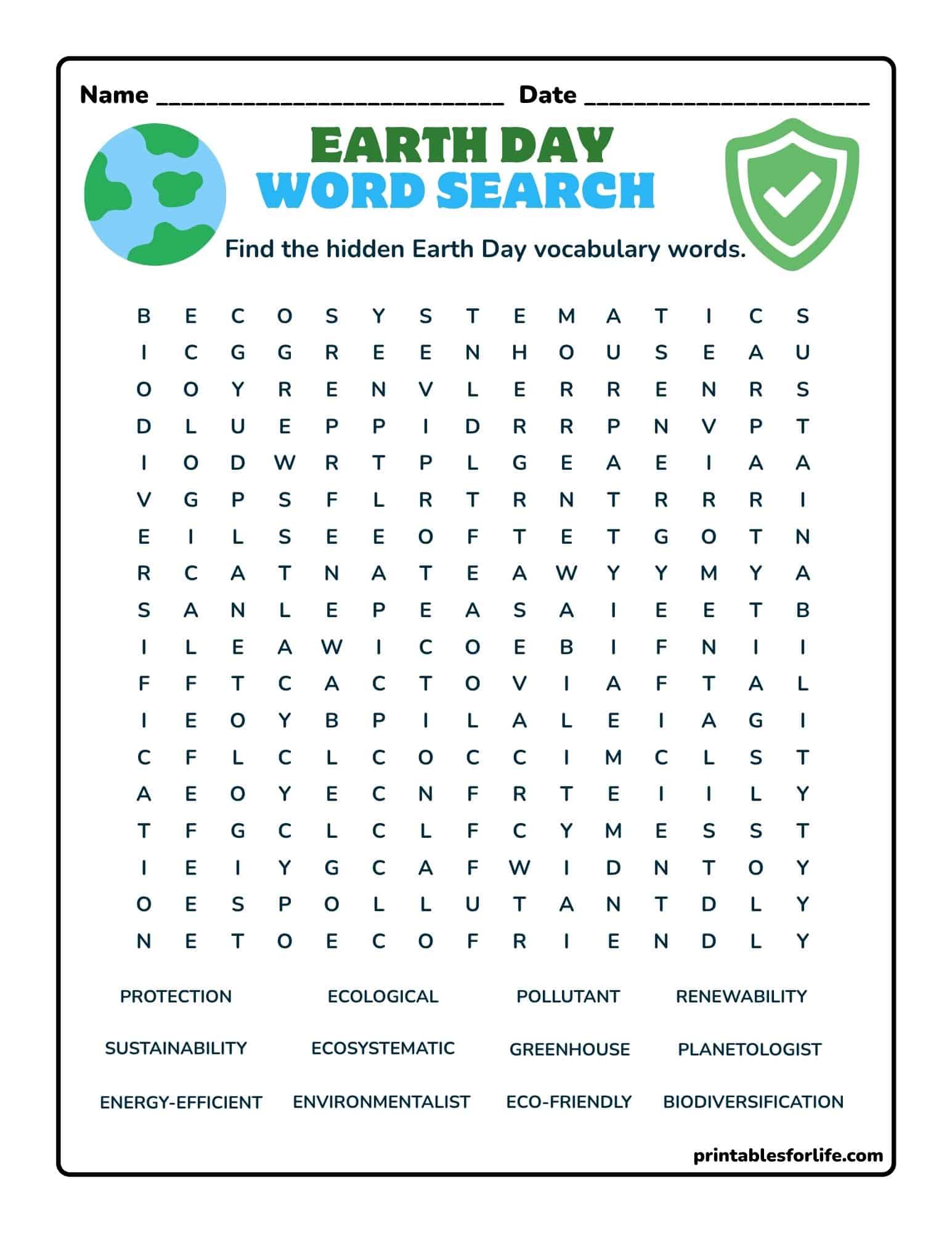 A blue and green Earth Day word search grid with title, globe and shield icons, and a list of environmental vocabulary words.