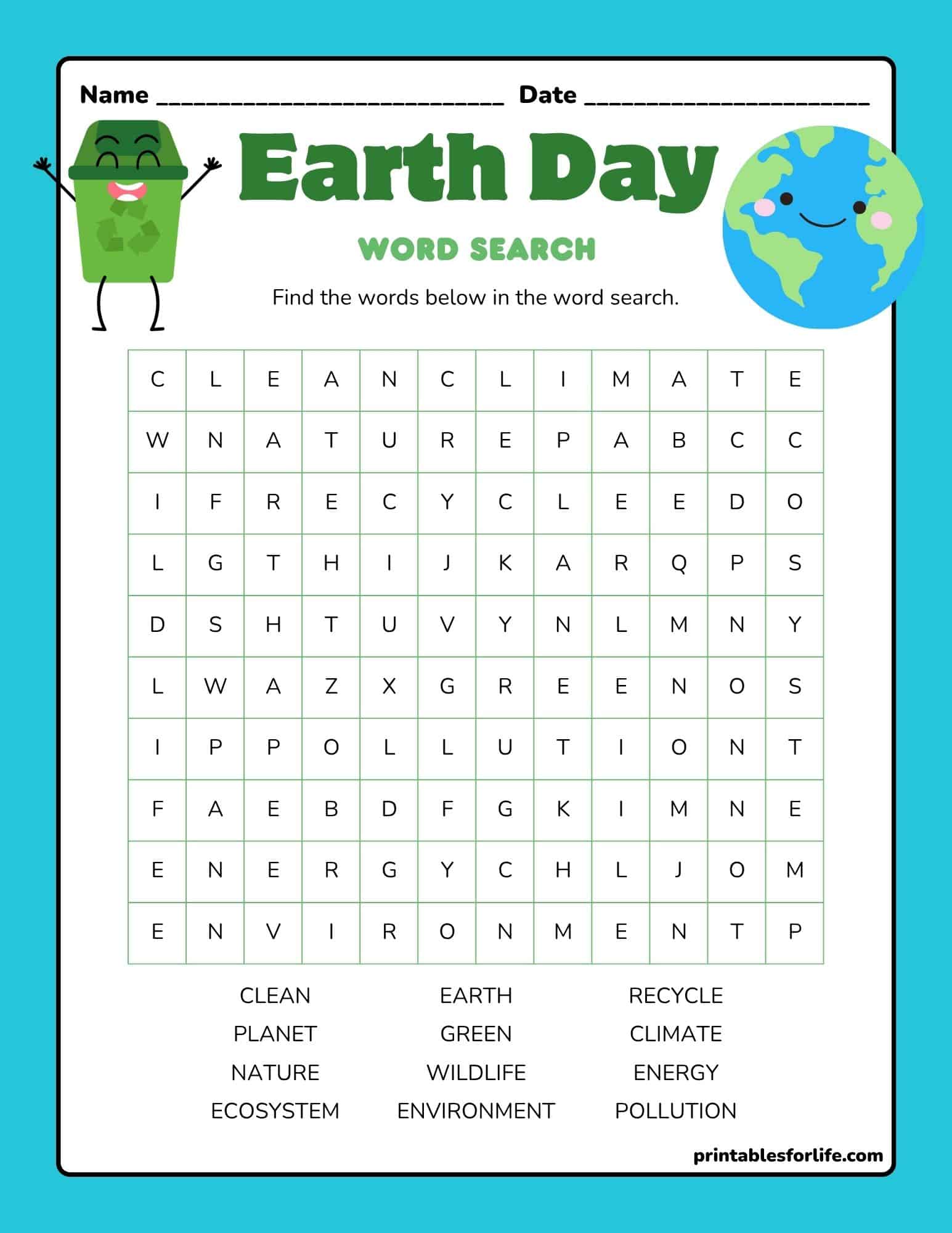 Bright teal-bordered Earth Day word search worksheet featuring a grid of letters, title, and illustrated recycling bin and smiling Earth.
