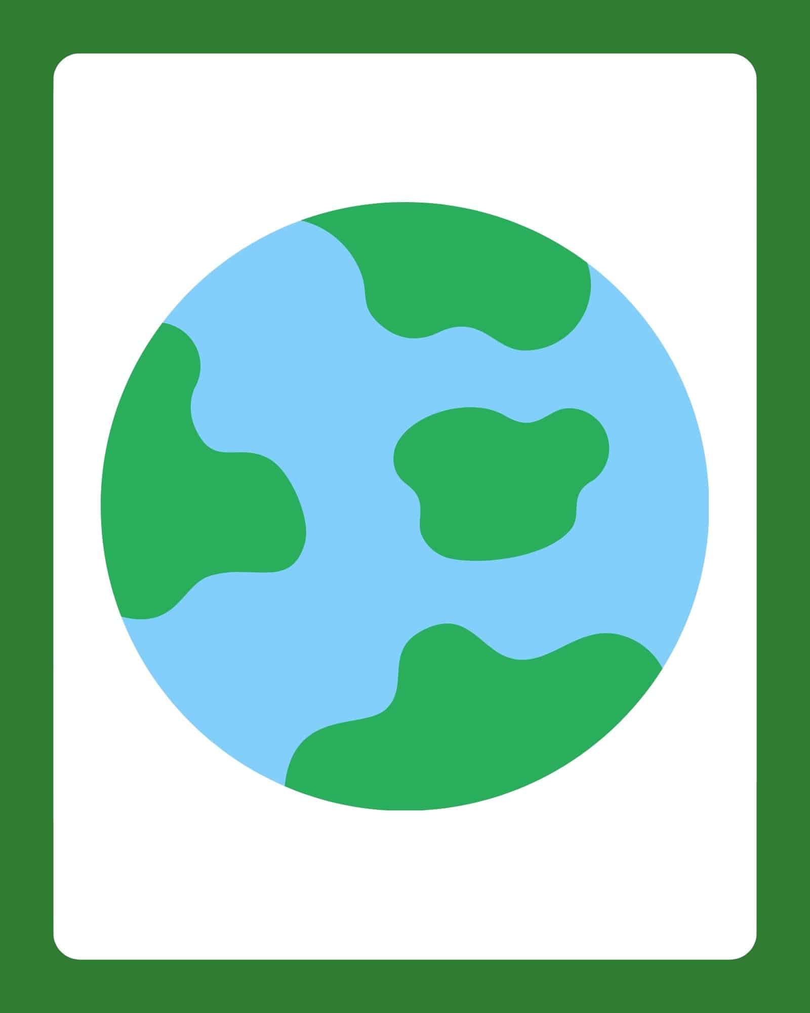 Flat graphic of a stylized Earth with blue oceans and green land shapes centered on a white rectangular card with a green border.