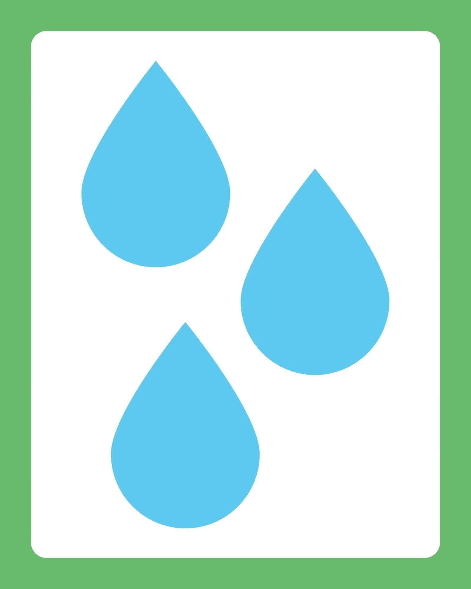 White rectangular card with three large blue water-drop shapes arranged inside a green bordered background.