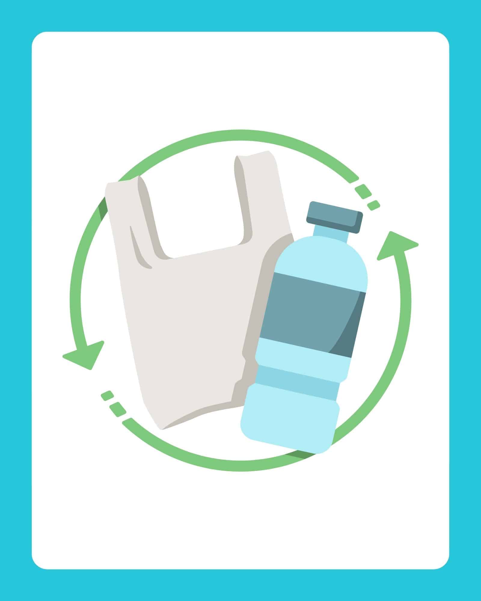 A plastic shopping bag and a water bottle overlapped inside a green circular recycling arrow on a white card with turquoise border.