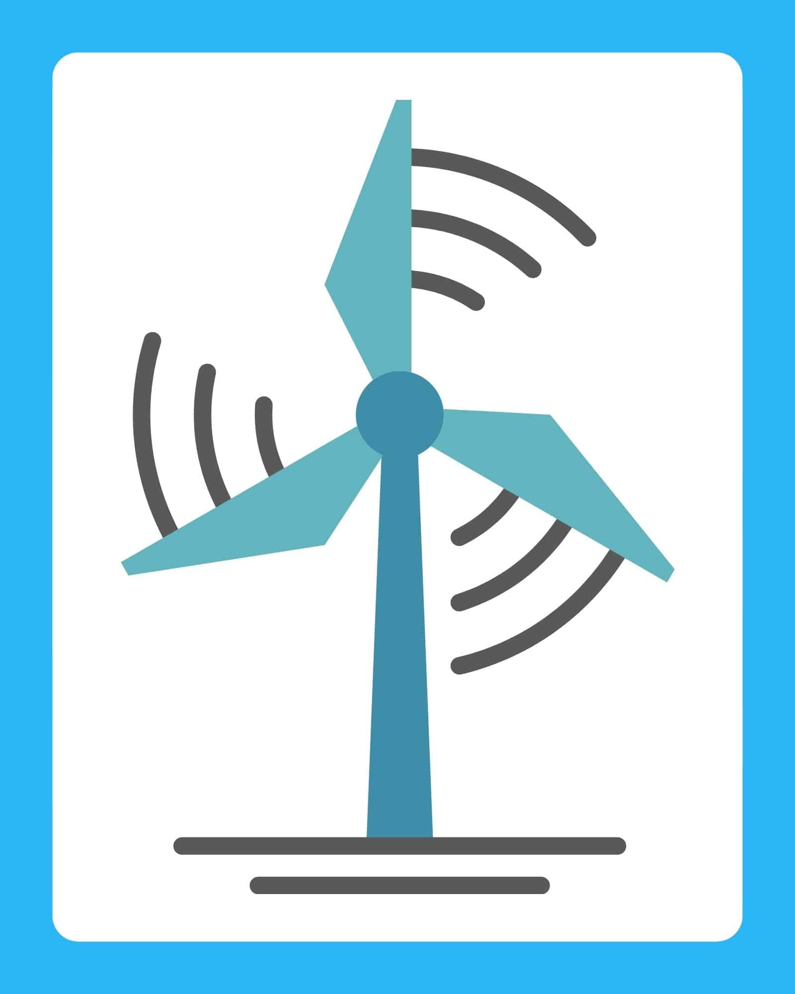 Stylized teal wind turbine with three blades and dark gray motion arcs centered on a white card with bright blue border.
