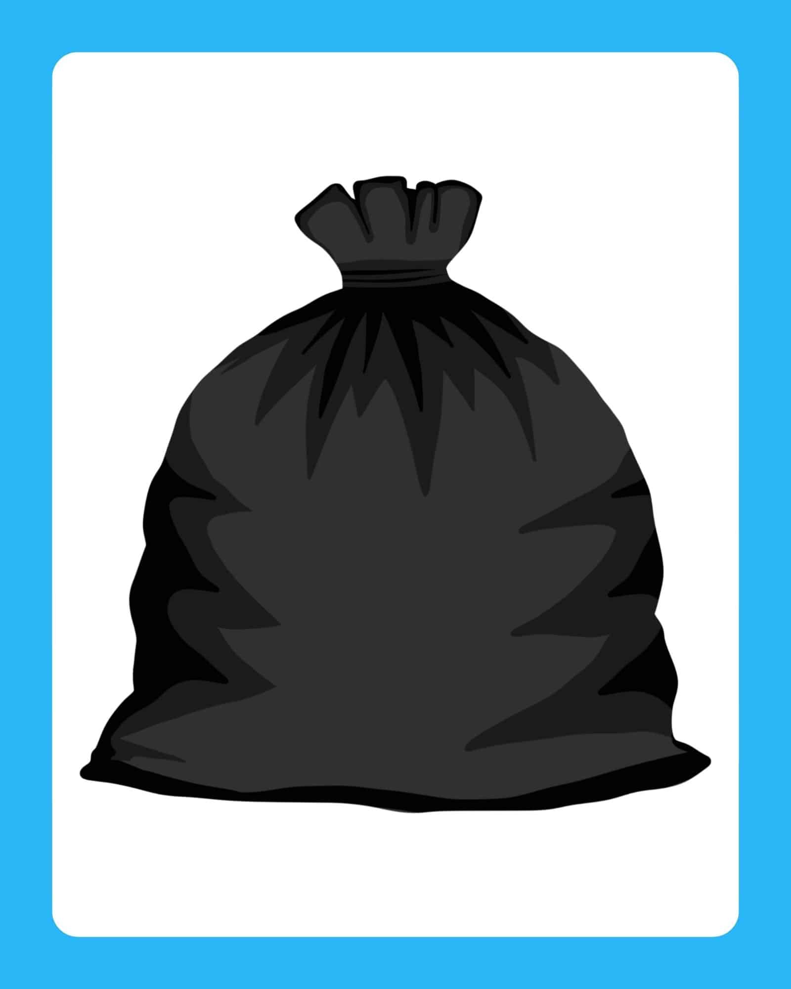 Large tied black garbage bag centered on a white rectangle with a bright cyan border and rounded corners.