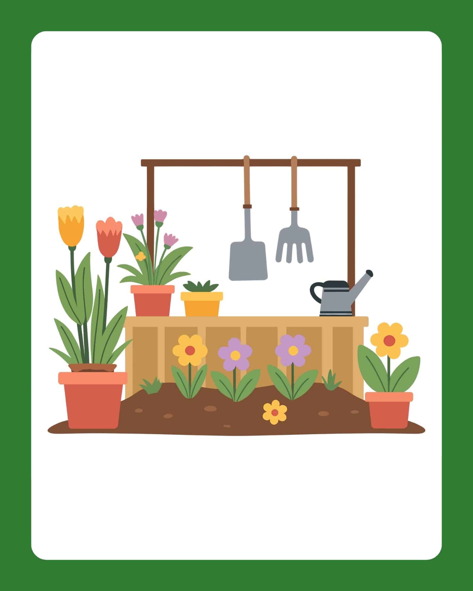 Garden workspace with a wooden bench, potted tulips, flowering beds, watering can, and hanging tools on white background framed in green.
