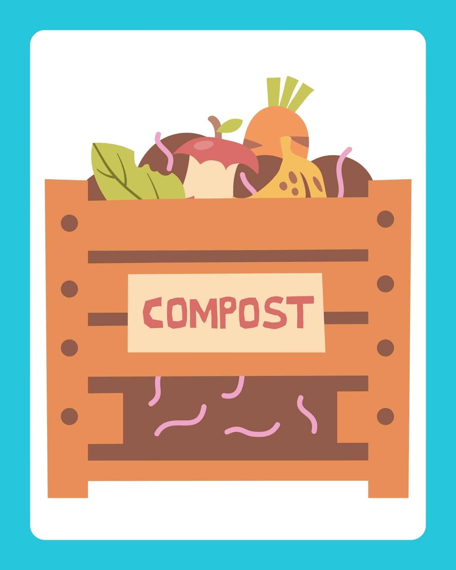 Wooden compost bin filled with fruit and vegetable scraps and visible pink worms, labeled COMPOST on front.