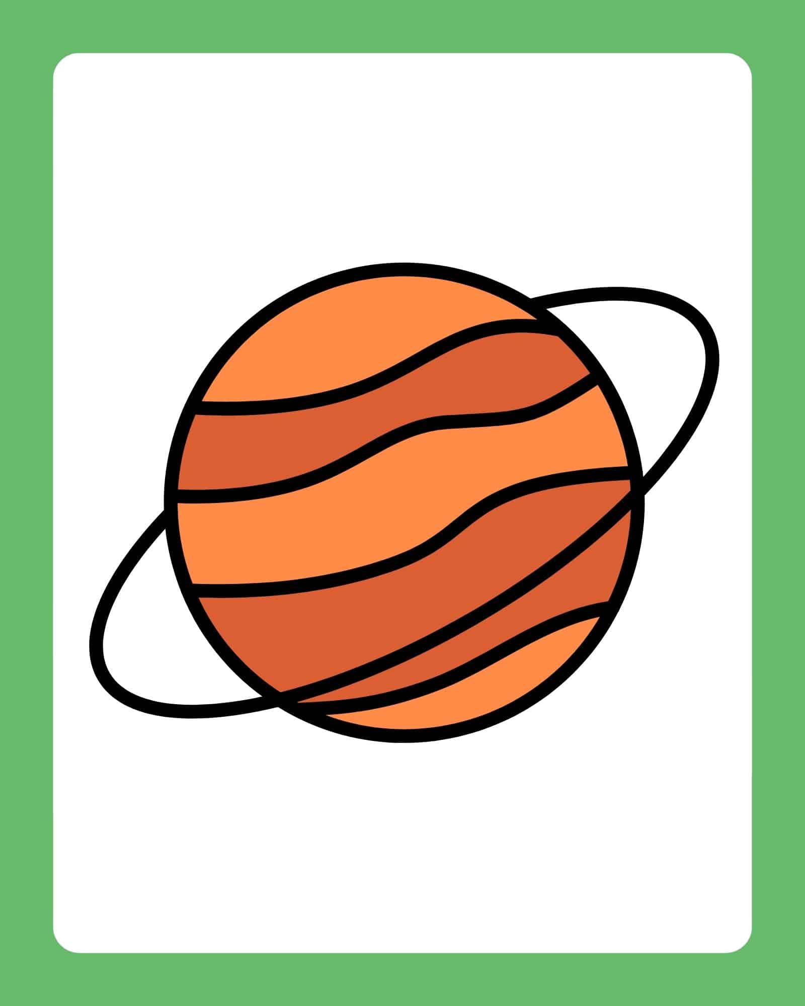 Stylized orange planet with dark wavy stripes and a black elliptical ring centered on a white card framed by a green border.