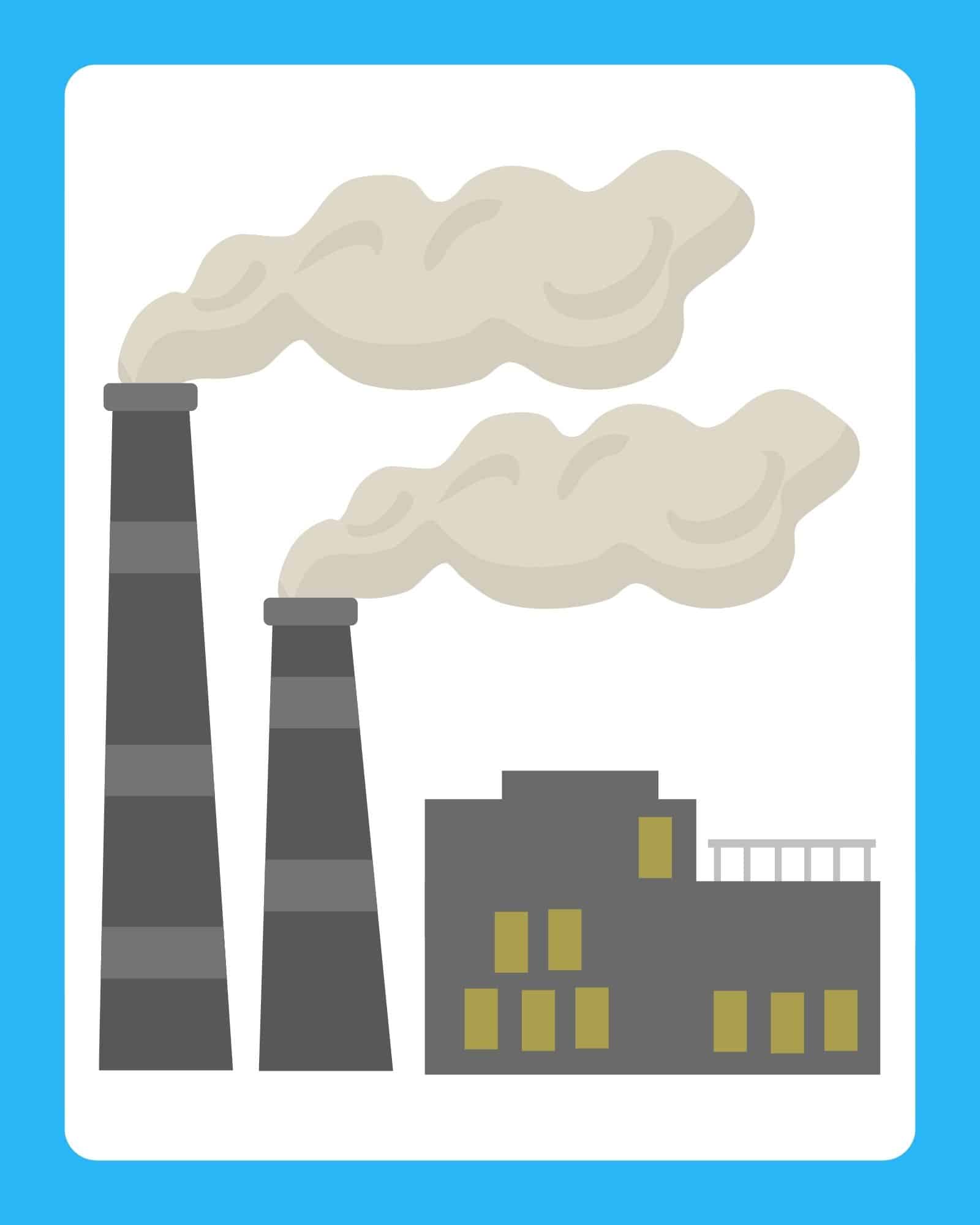 Gray factory building with two tall smokestacks emitting large beige smoke plumes against a white background with a blue border.