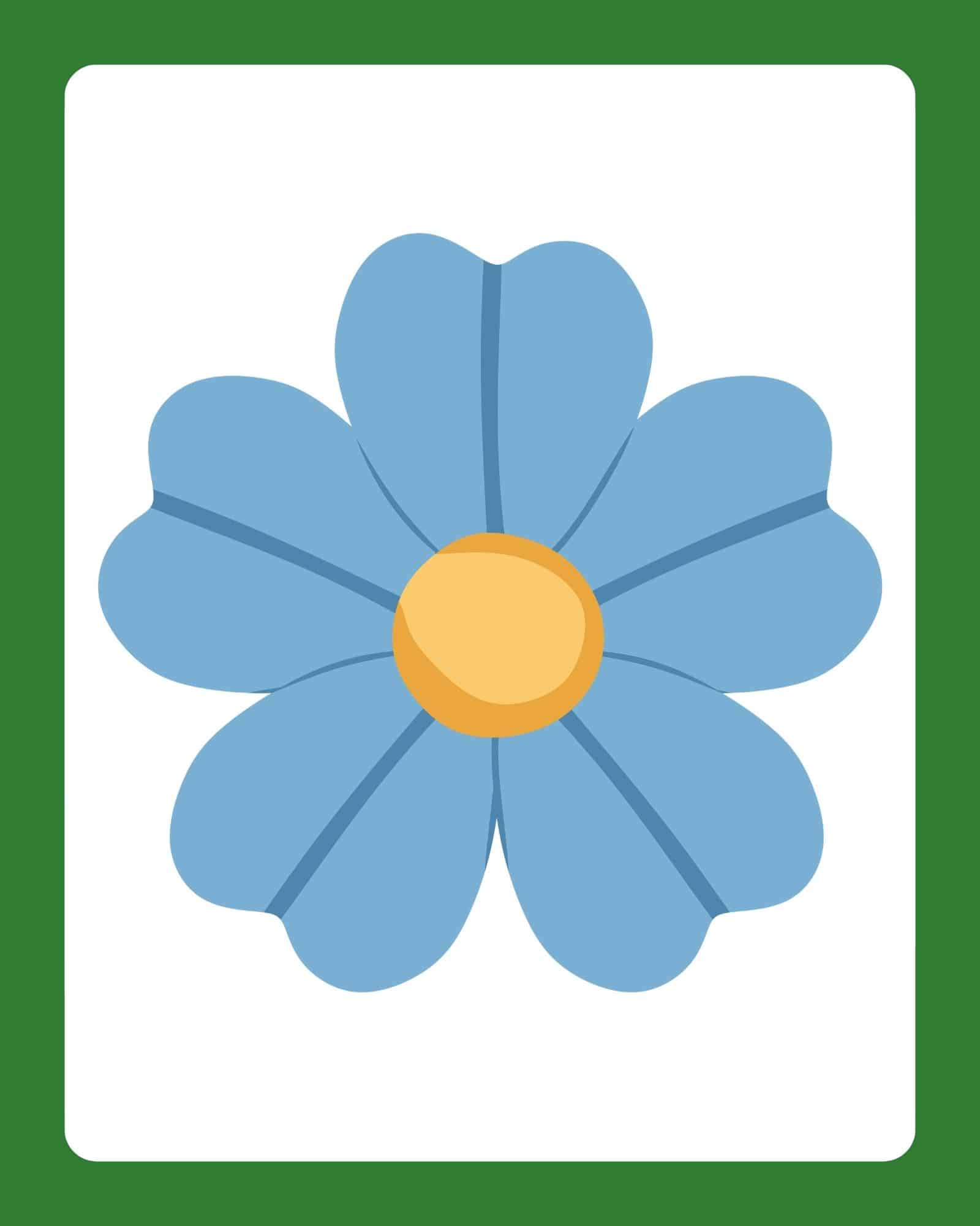 Large simple blue flower with eight rounded petals and a yellow center centered on a white card with a green border.
