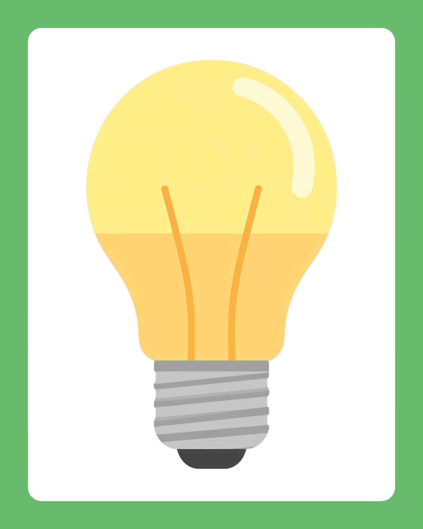 A large yellow incandescent-style light bulb with a gray screw base centered on a white rectangle and green border.