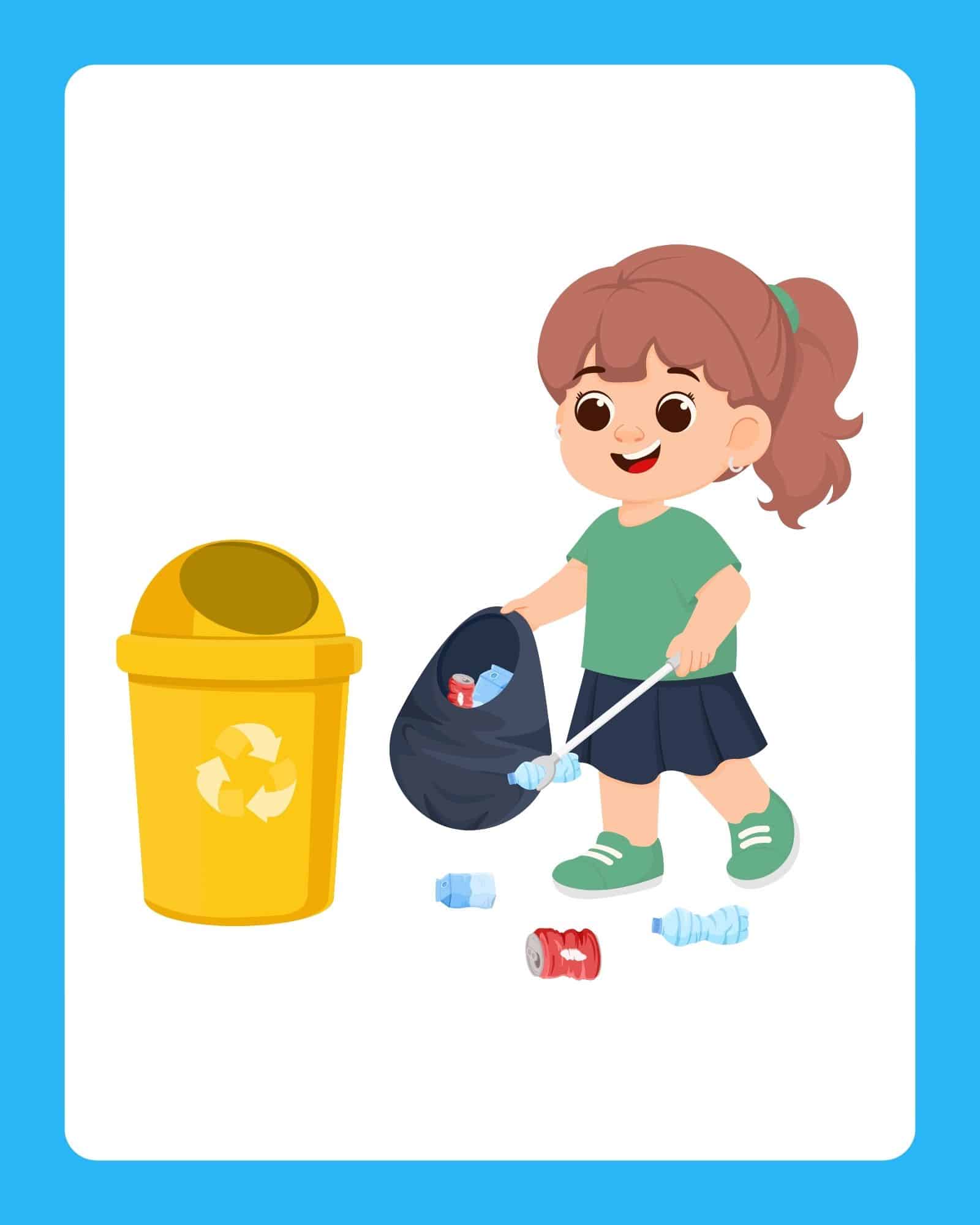 Young girl using a grabber to pick up plastic bottles and cans and place them into a yellow recycling bin on white background.
