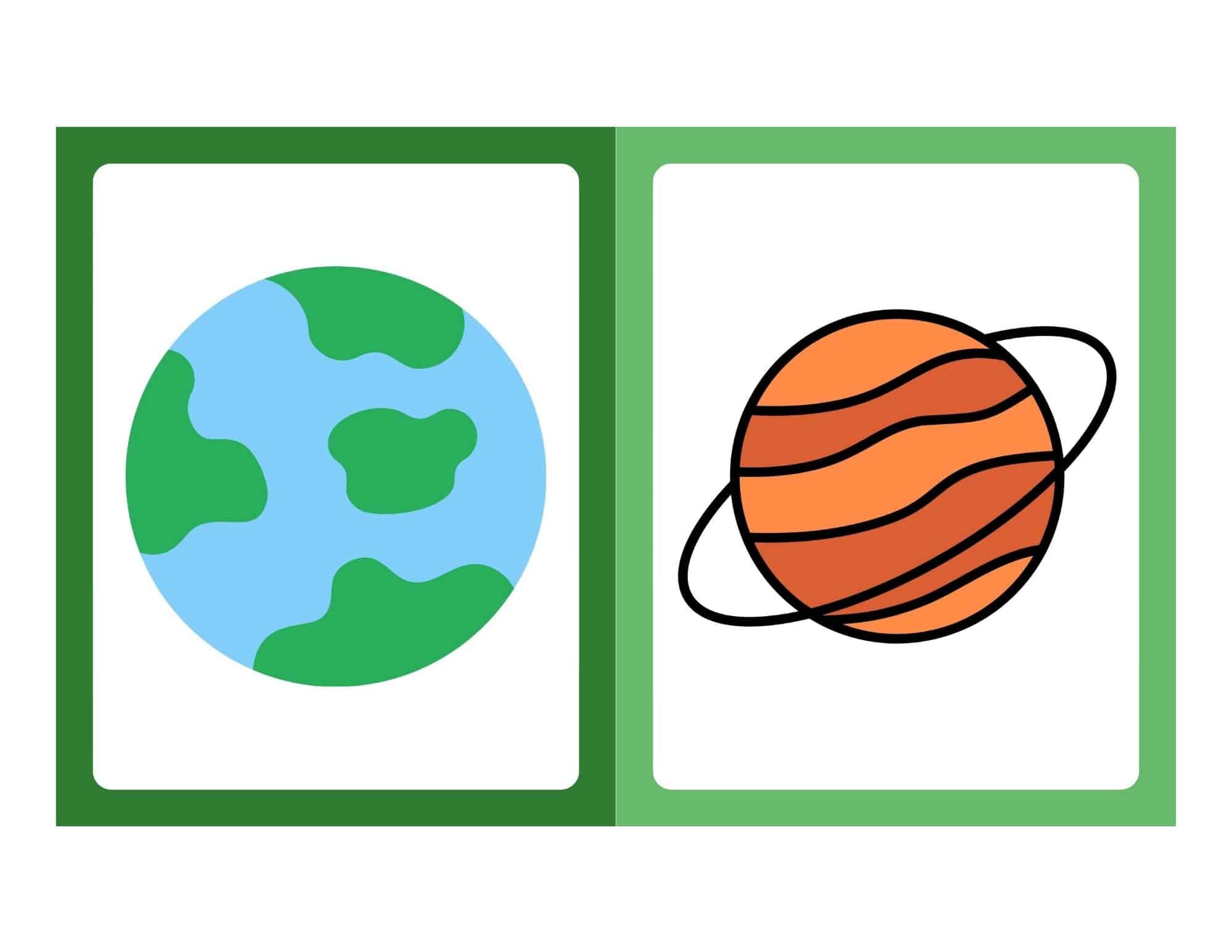 Two adjacent rectangular cards show a stylized blue-and-green Earth on the left and an orange striped planet with a black ring on the right.