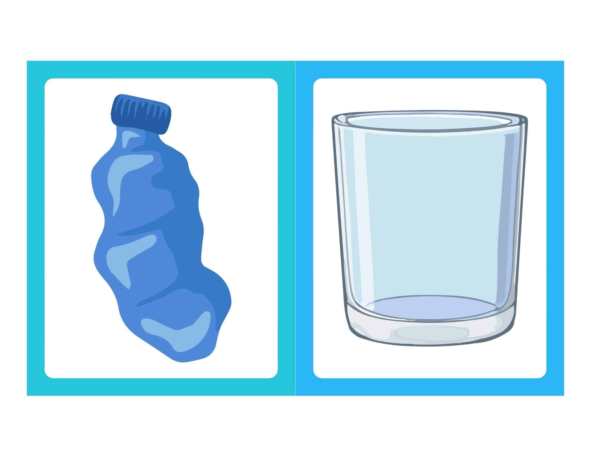 Two blue-framed panels show a crumpled blue plastic bottle on the left and an empty clear drinking glass on the right.
