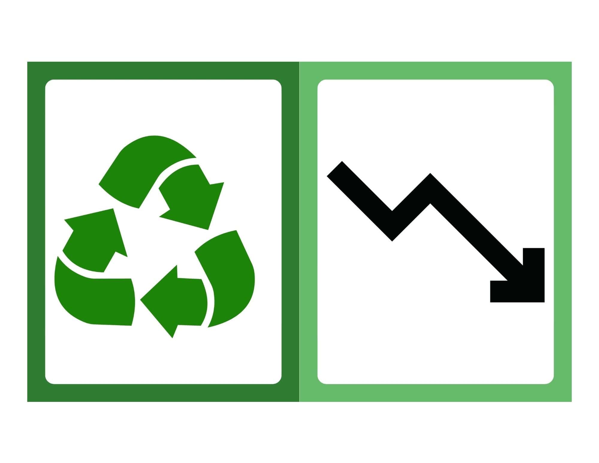Two green-framed panels showing a large green recycling symbol on the left and a black downward zigzag arrow on the right.
