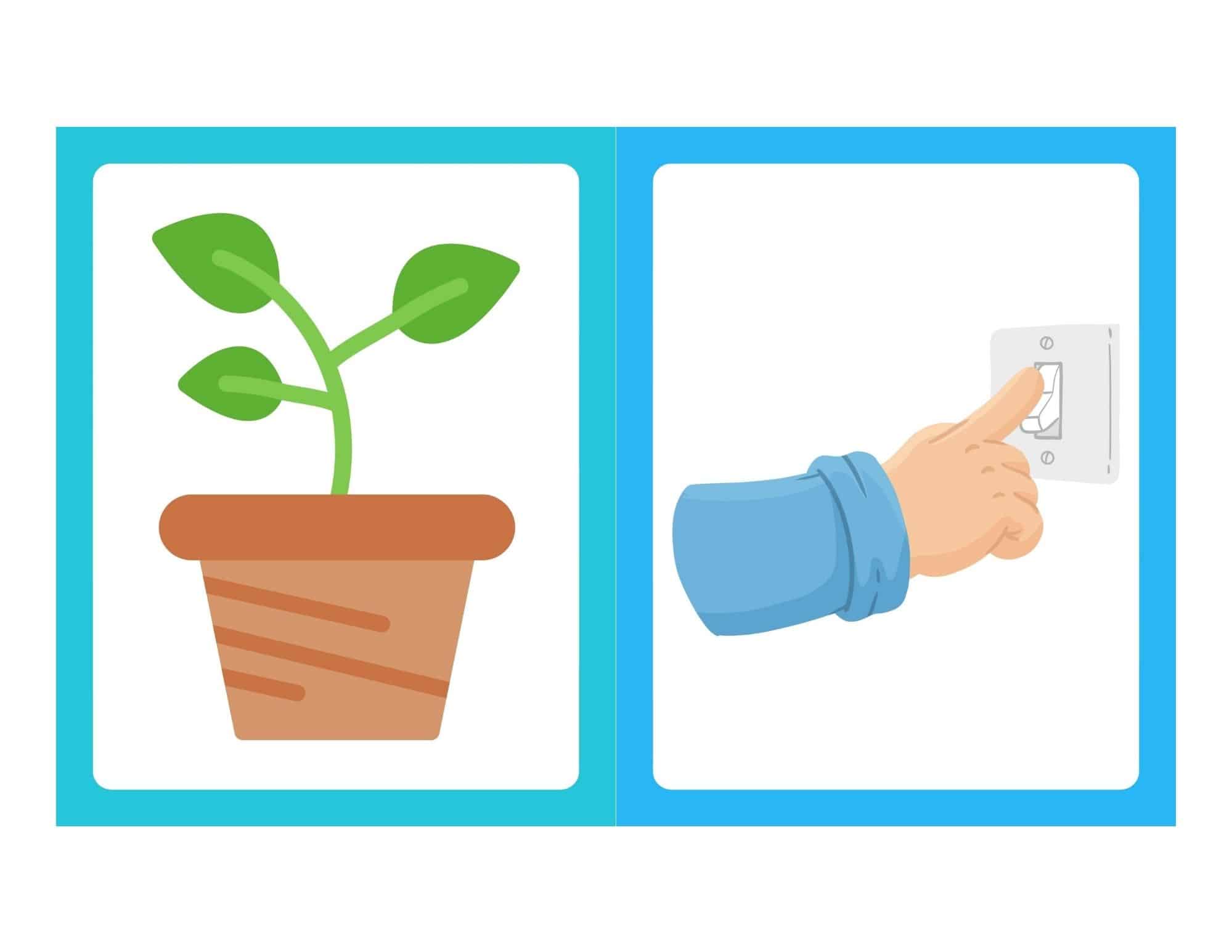 Two blue-framed panels: left shows a brown potted plant with green stem and three leaves, right shows a hand flipping a white light switch.