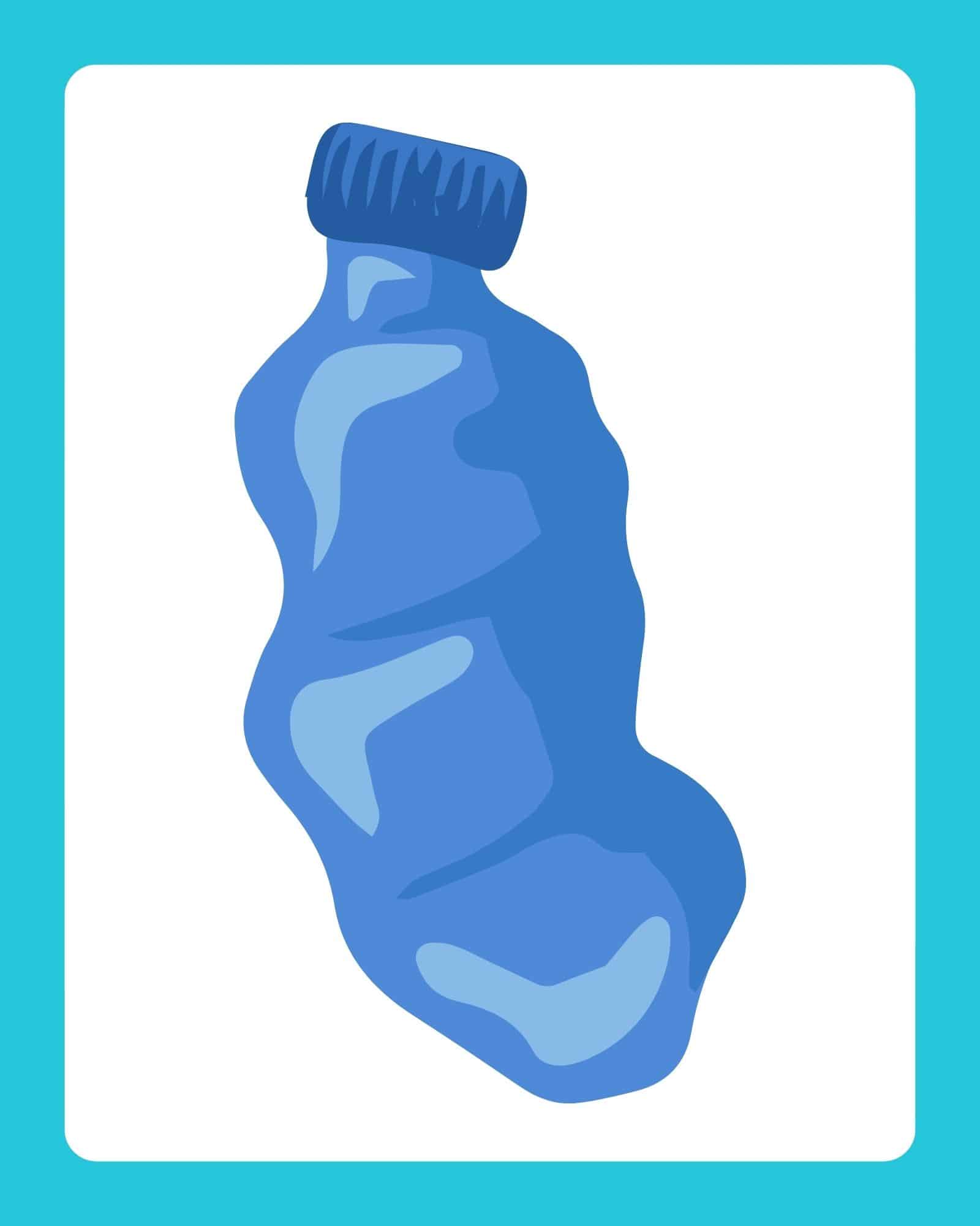 A stylized crumpled blue plastic bottle with highlights and a dark blue cap centered on a white card with a teal border.