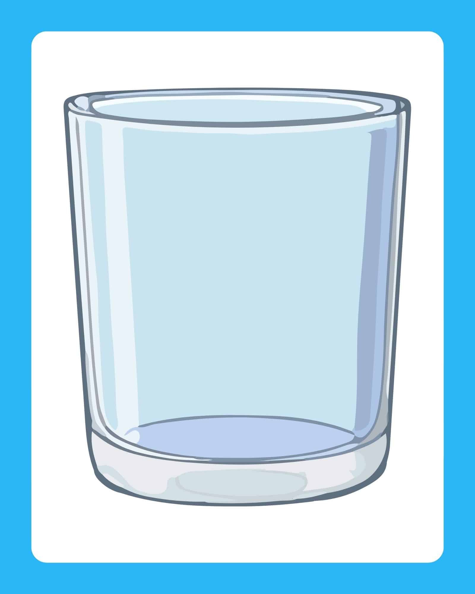 A simple empty transparent drinking glass with soft blue reflections centered on a white card with a bright blue border.