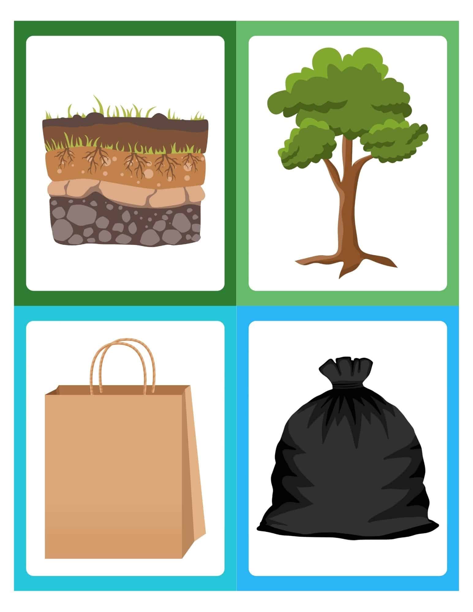 Four rectangular panels showing soil layers with roots, a leafy tree, a brown paper bag with handles, and a tied black trash bag.