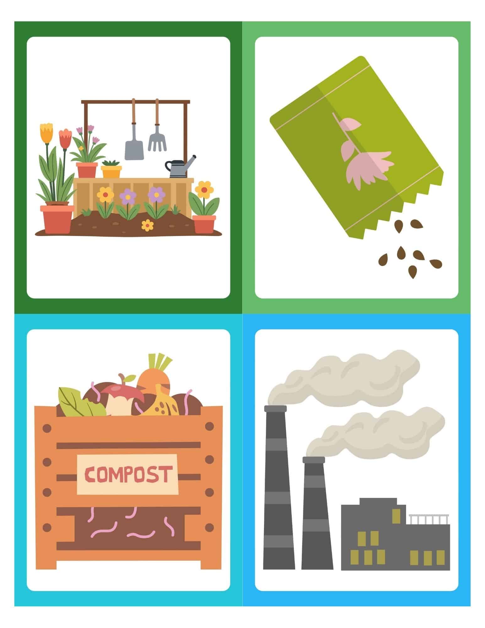 Four-panel gardening and waste-themed illustration showing tools, seed packet, compost bin, and factory smokestacks in bright colors.