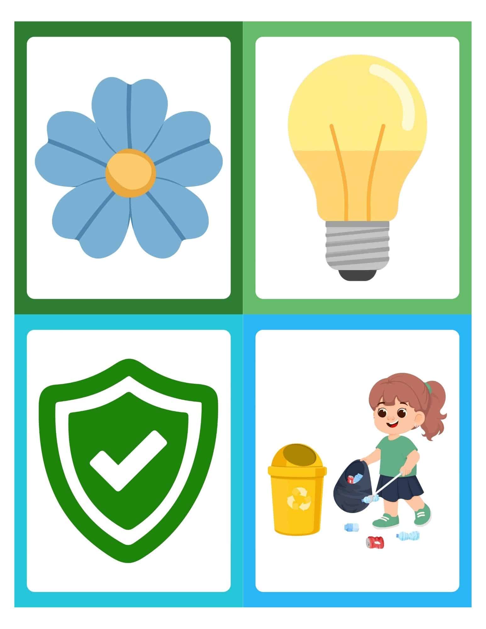 Four green and blue bordered cards showing a blue flower, a glowing lightbulb, a green shield with a check, and a girl picking up trash into a yellow recycling bin.