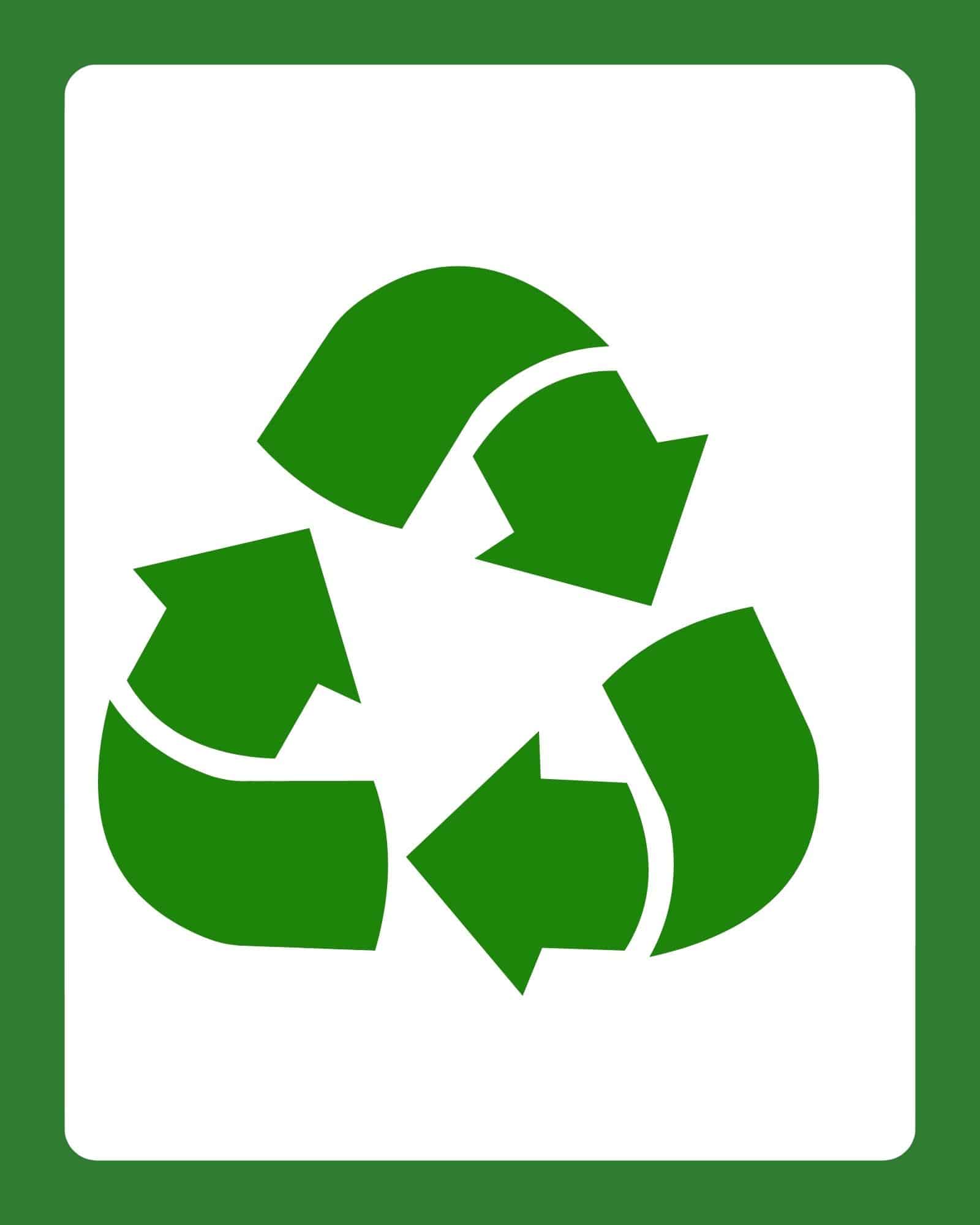 Large green recycling symbol with three curved arrows forming a triangle centered on a white rectangular panel with a green border.
