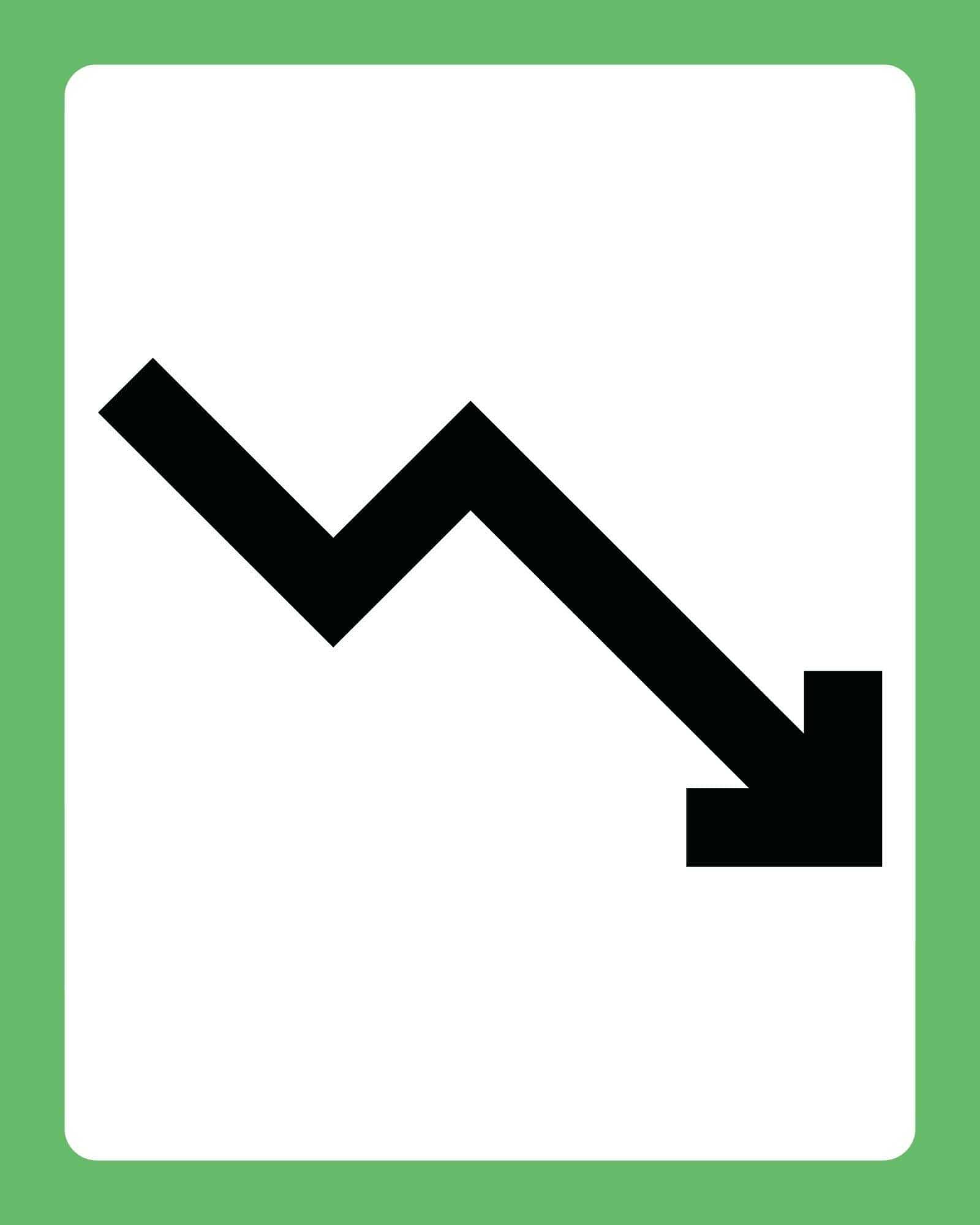 Thick black zigzag arrow trending downward and pointing southeast on a white rounded-rectangle panel with a green border.