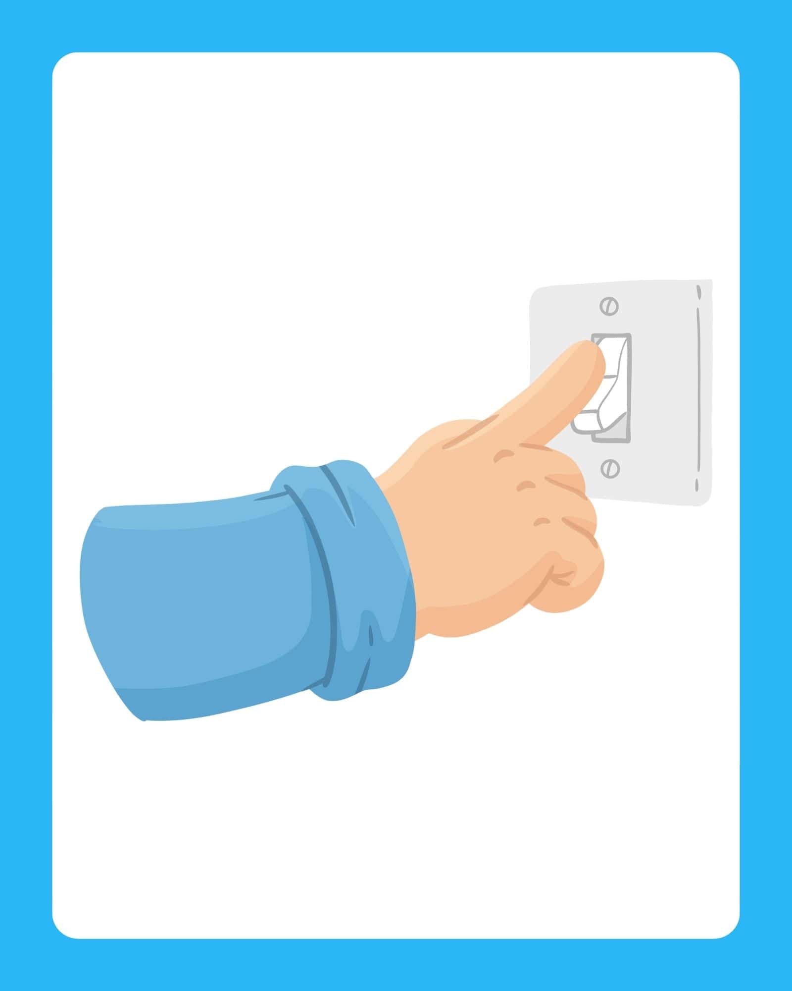 A hand in a blue sleeve reaching right to flip a white wall light switch on a plain white background with a cyan border.