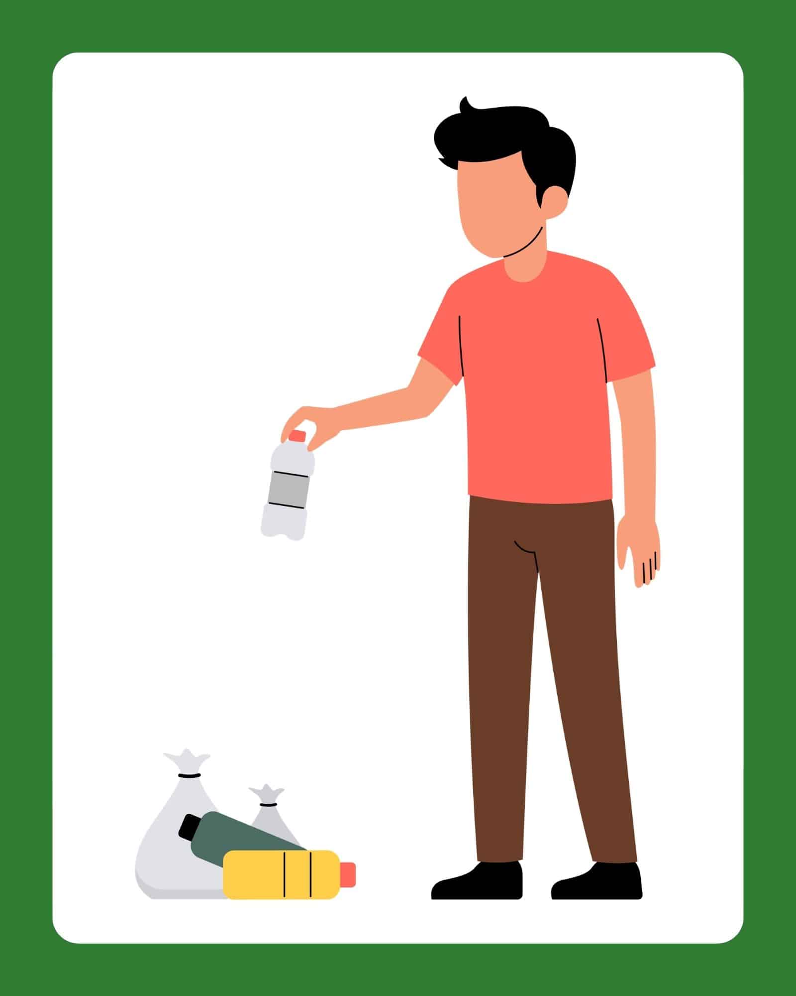 Person wearing a red shirt and brown pants dropping a plastic bottle near tied trash bags and other bottles on white background.