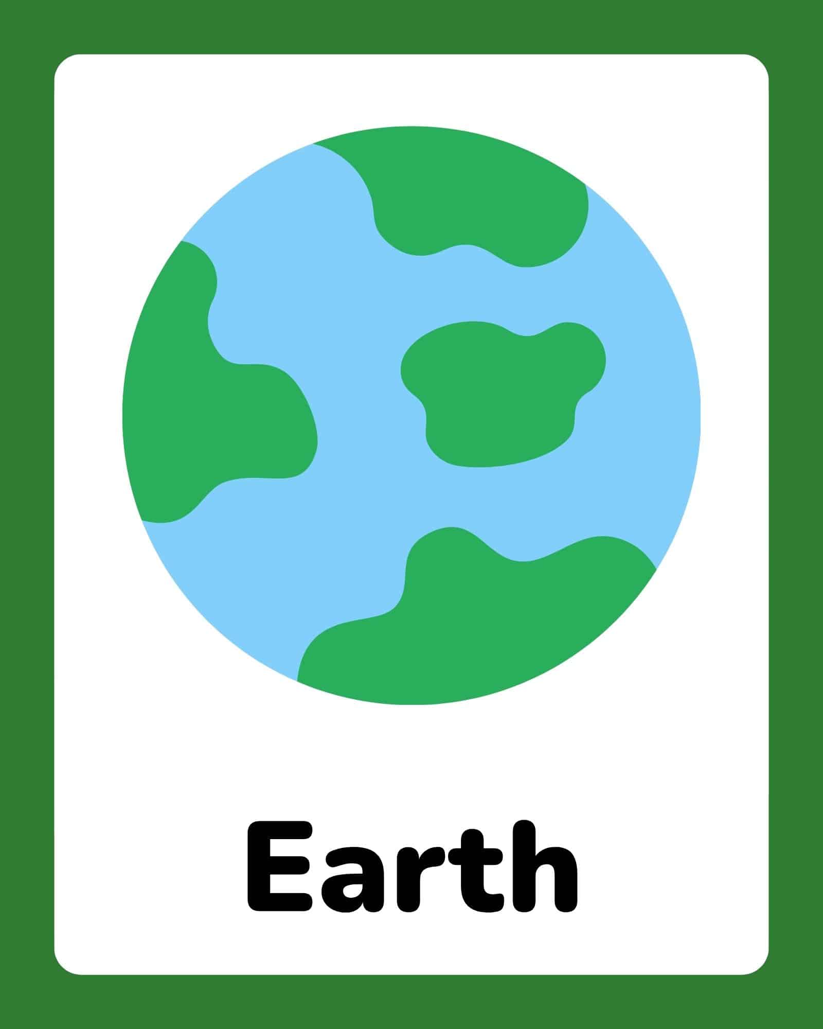 Simplified round Earth with blue oceans and green landmasses centered on a white card with bold 'Earth' label below.