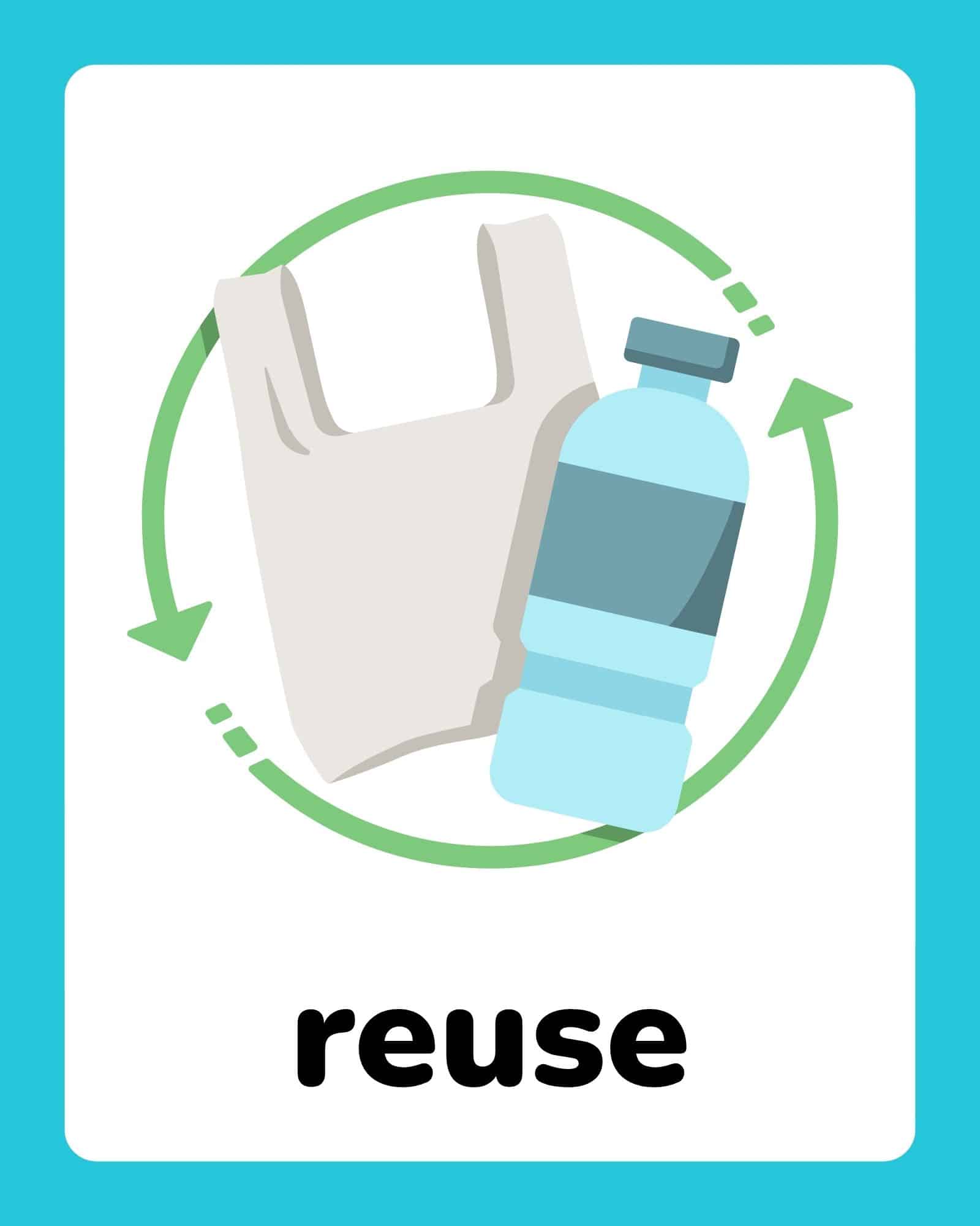 White reusable shopping bag and blue plastic water bottle inside a green circular recycle arrow on a white card with teal border.