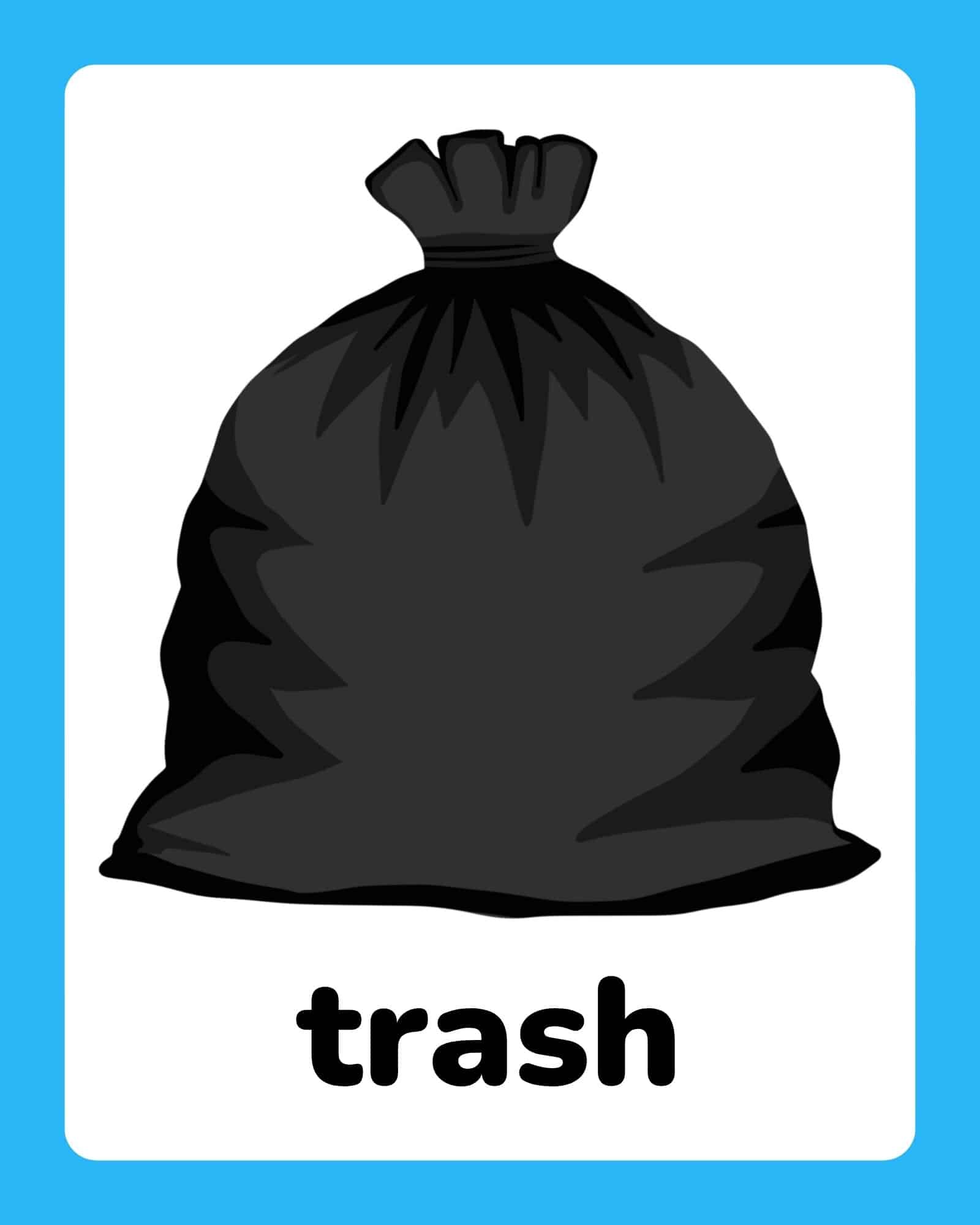 A large tied black trash bag centered on a white card with a blue border and the word 'trash' below.