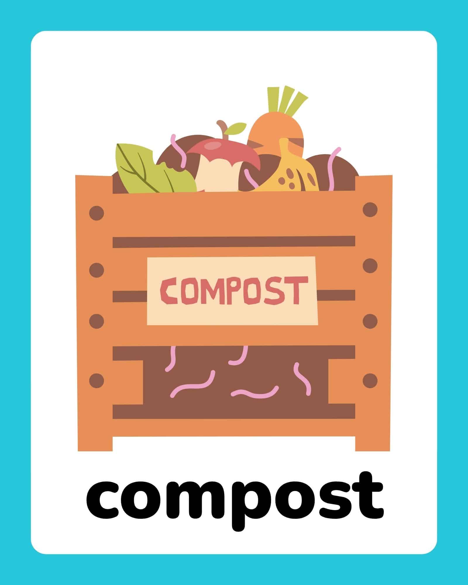 Wooden compost bin filled with fruit and vegetable scraps and visible earthworms, labeled 'COMPOST' over turquoise border.